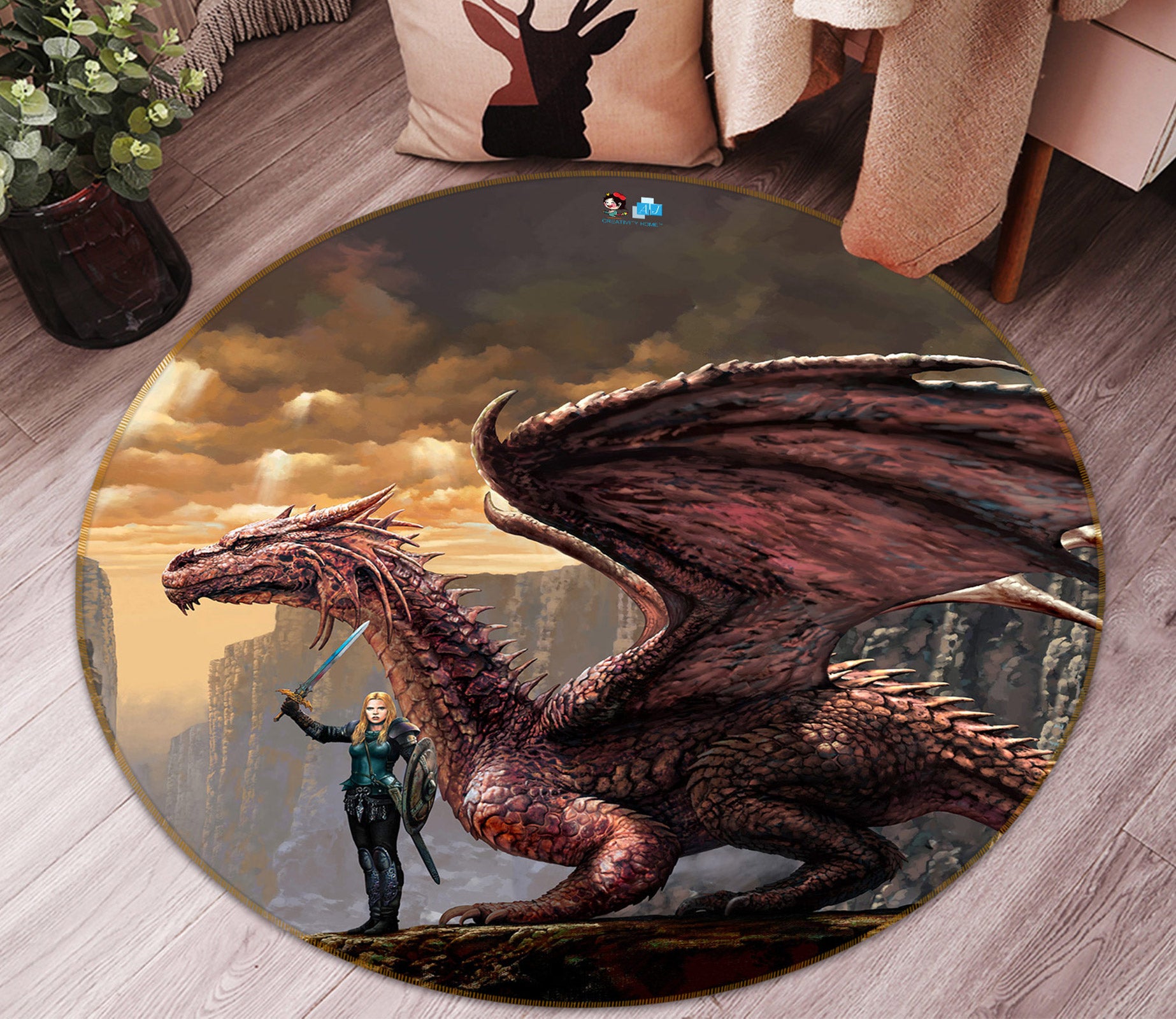 3D Dragon Shield Soldier 6098 Ciruelo Rug Round Non Slip Rug Mat