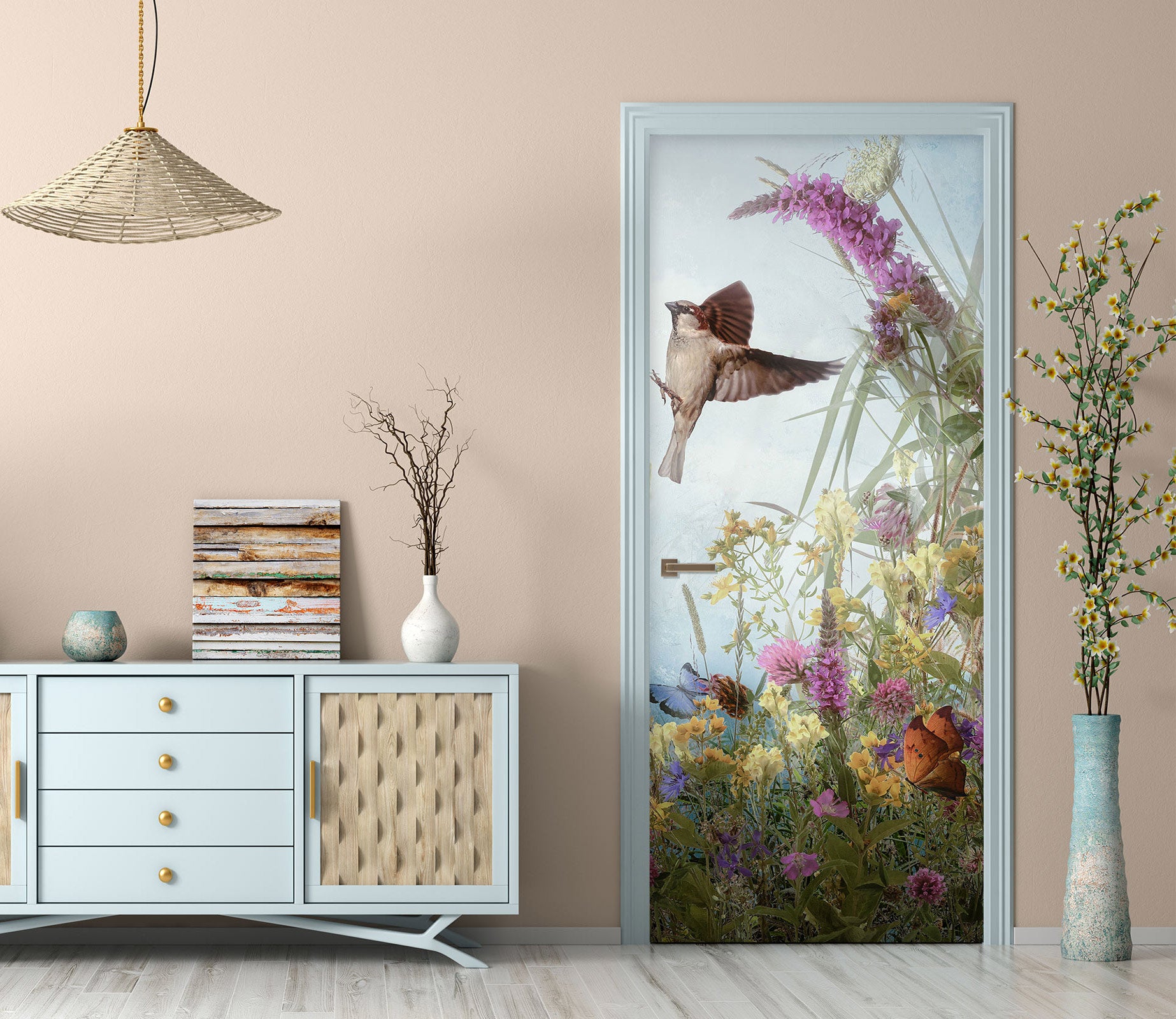 3D Bird Flowers Bush 107187 Beth Sheridan Door Mural