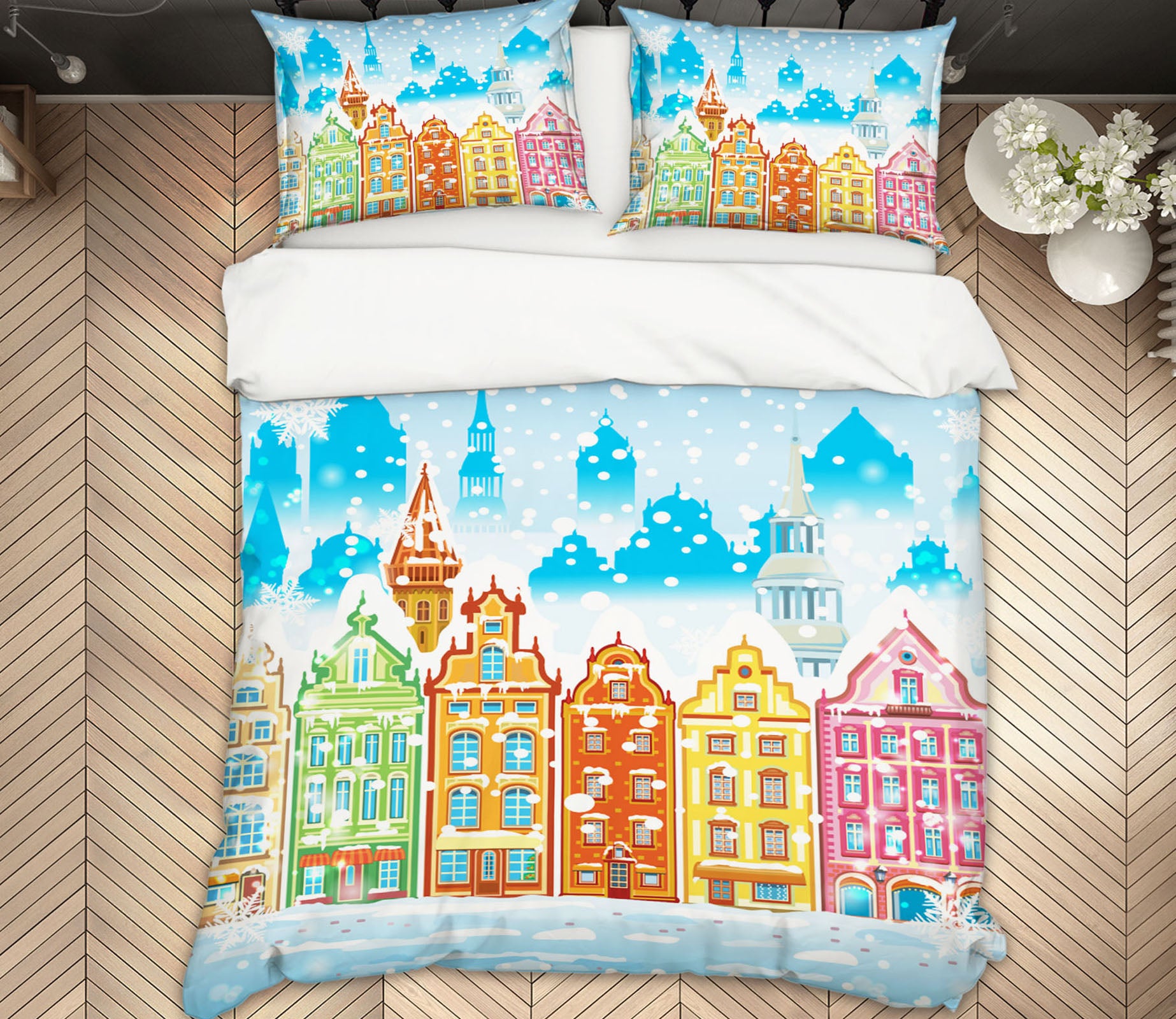 3D Colorful Houses Snow 52241 Christmas Quilt Duvet Cover Xmas Bed Pillowcases