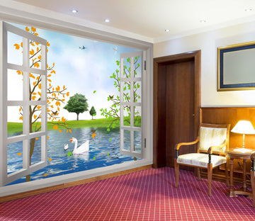 3D Swan Window Lake 242 Wall Murals