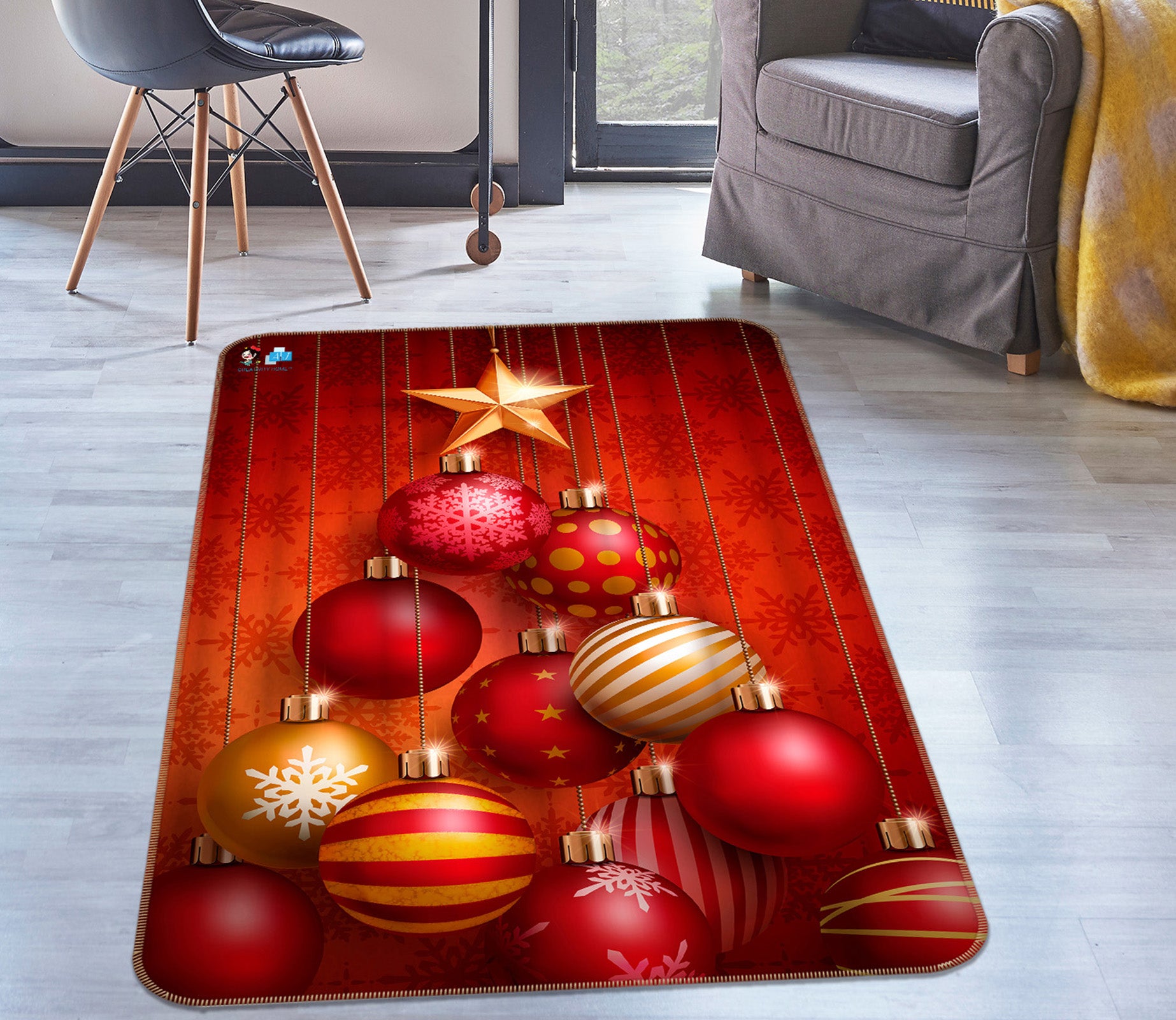 3D Red Ball Tree Yellow Stars 57006 Christmas Non Slip Rug Mat Xmas