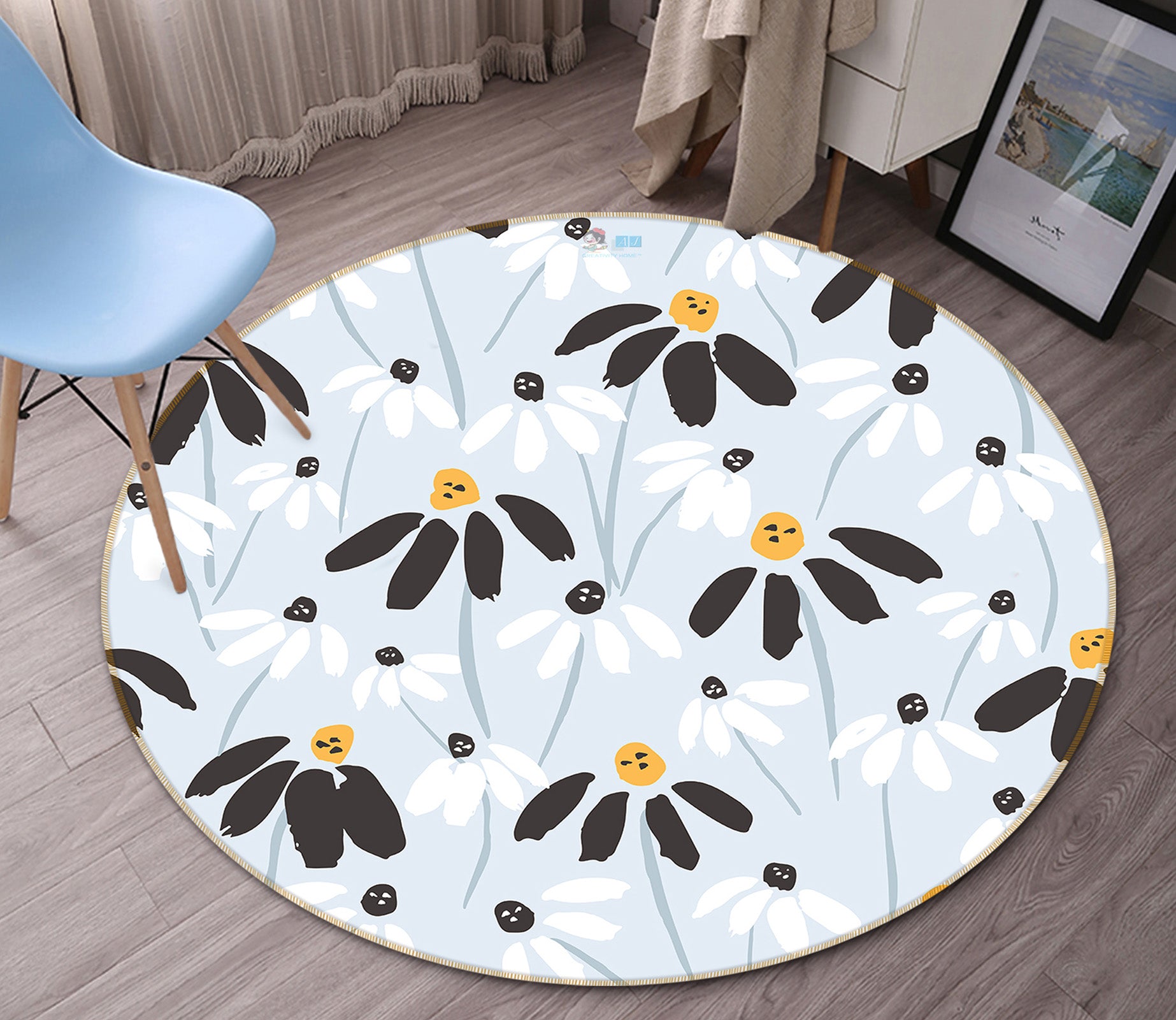 3D Black White Petal Flower 10515 Kashmira Jayaprakash Rug Round Non Slip Rug Mat