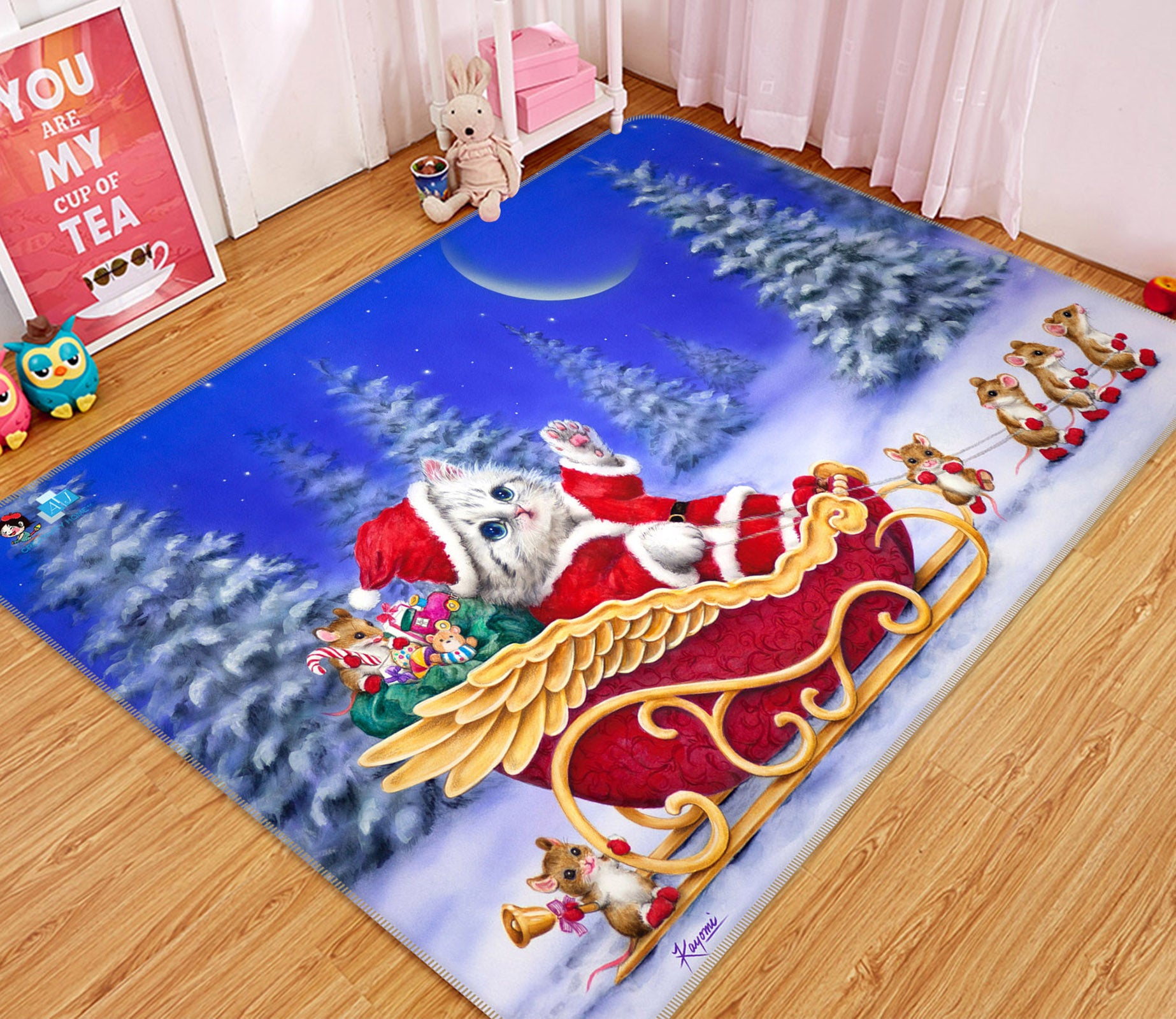 3D Christmas Cat Moon 5744 Kayomi Harai Rug Non Slip Rug Mat