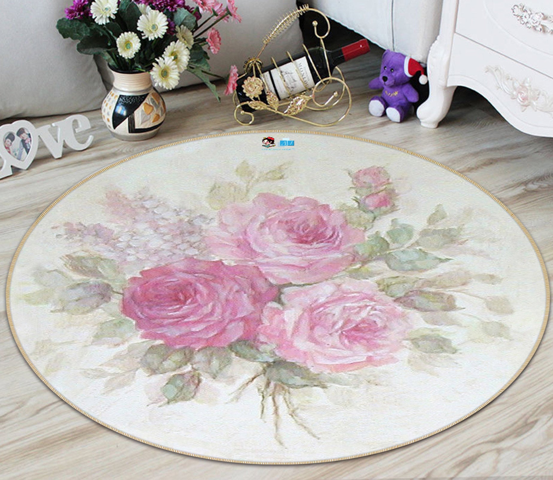 3D Pink Rose 1156 Debi Coules Rug Round Non Slip Rug Mat