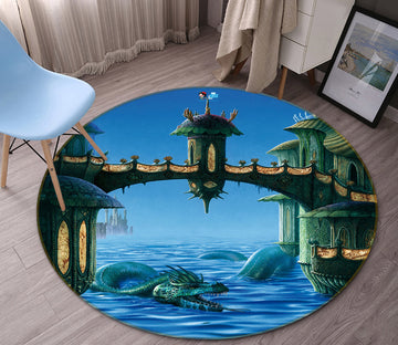 3D Blue Sea Dragon Bridge 6071 Ciruelo Rug Round Non Slip Rug Mat