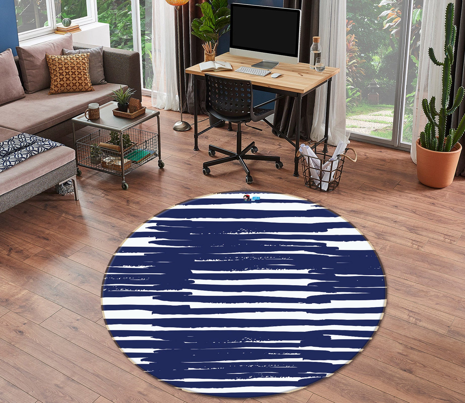 3D Navy Blue Stripe Pattern 10593 Kashmira Jayaprakash Rug Round Non Slip Rug Mat