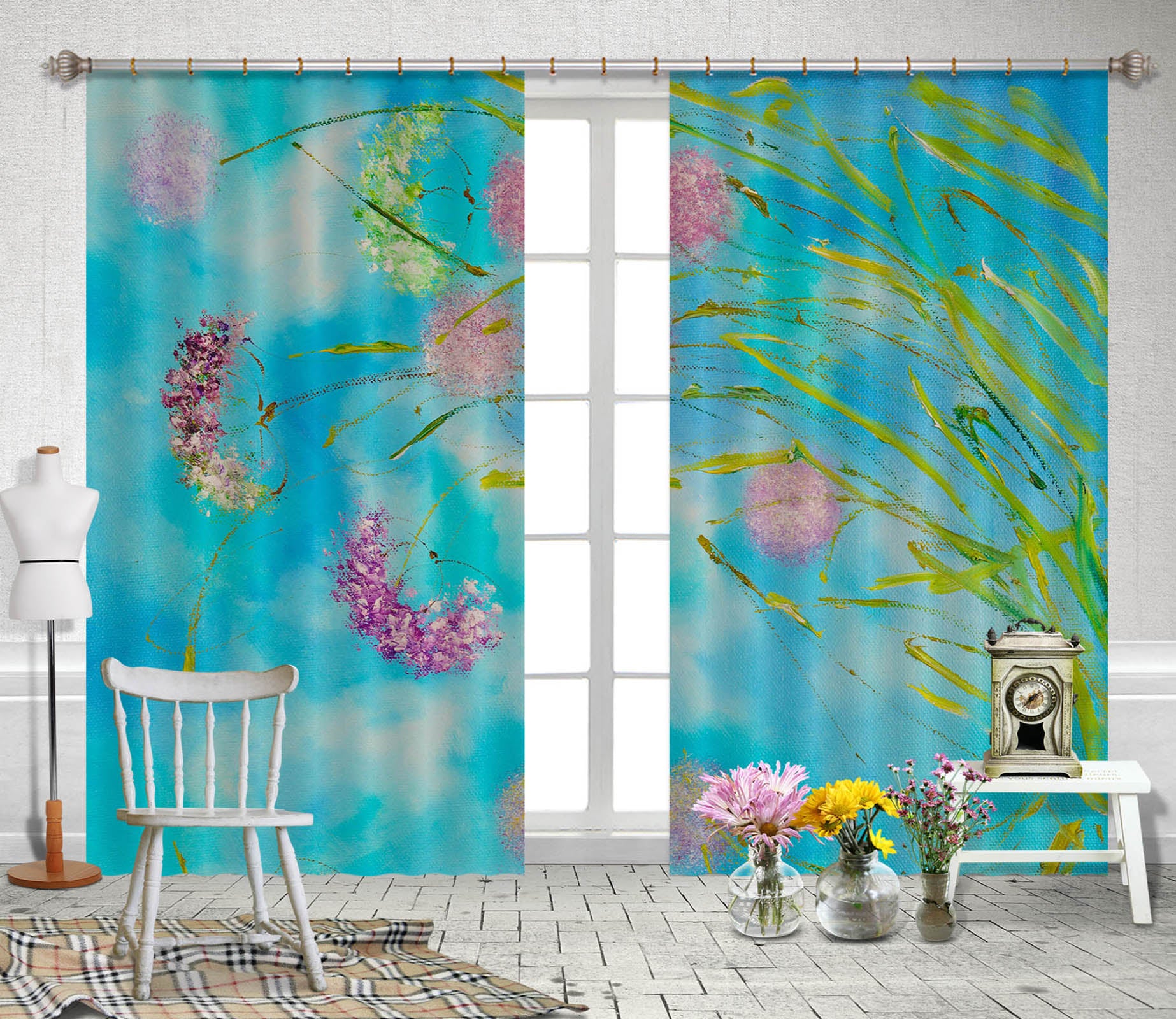 3D Pink Flower Grass 2332 Skromova Marina Curtain Curtains Drapes