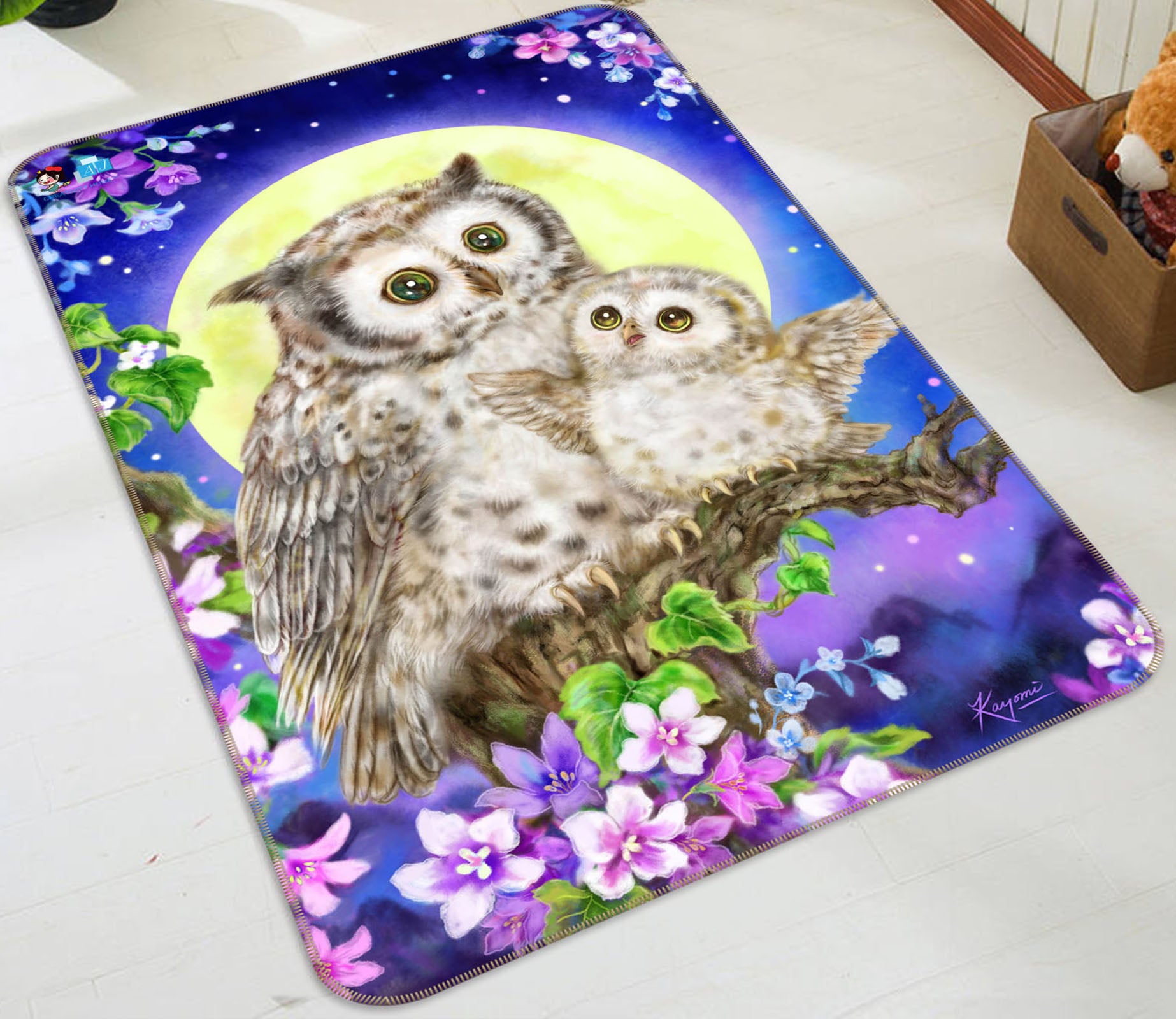 3D Moon Owl Flower 5763 Kayomi Harai Rug Non Slip Rug Mat