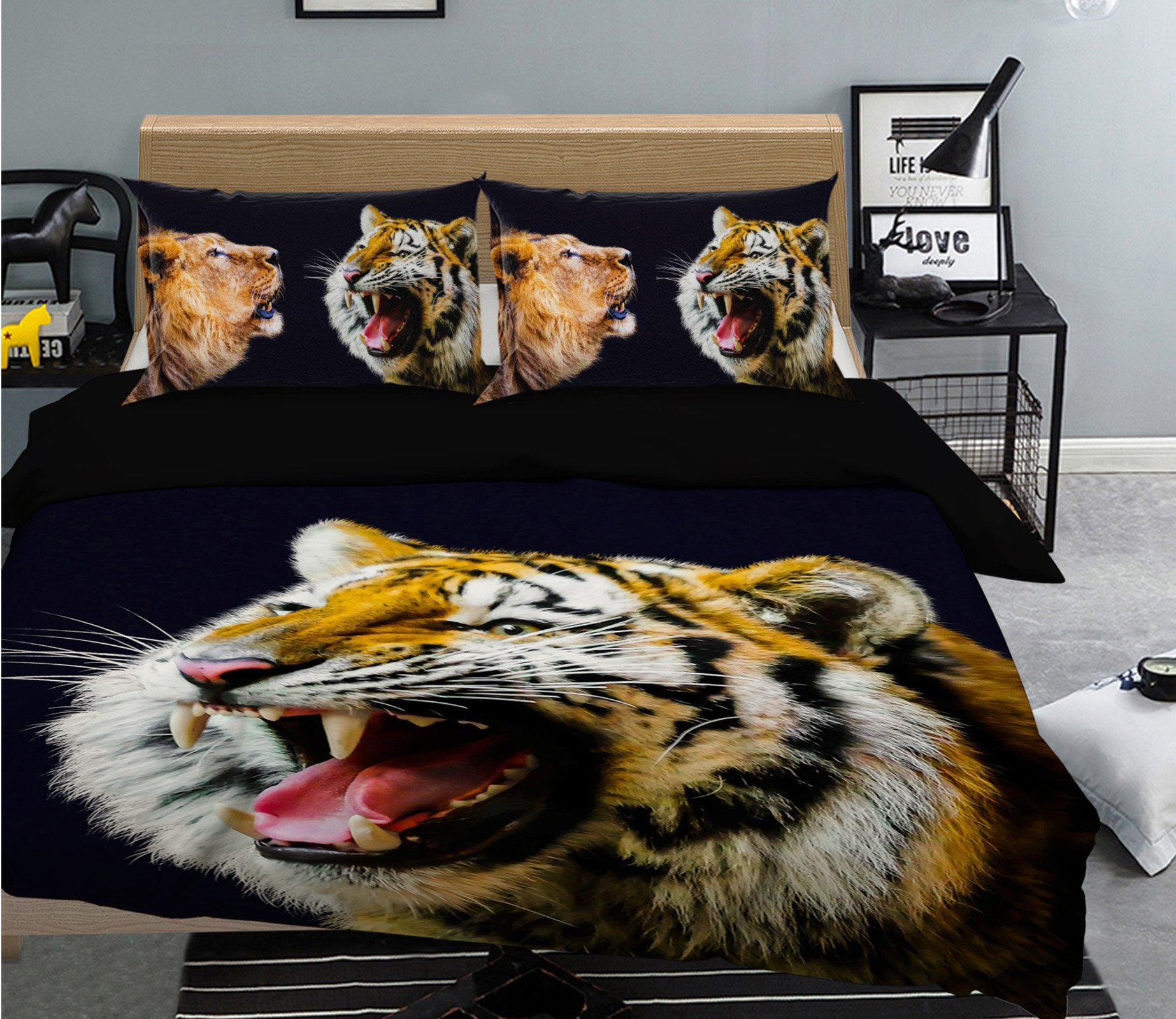 3D Tiger Mouth 1918 Bed Pillowcases Quilt Quiet Covers AJ Creativity Home 