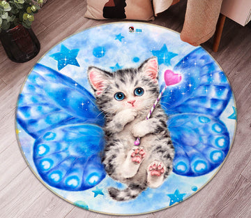 3D Blue Butterfly Cat 722 Kayomi Harai Rug Round Non Slip Rug Mat