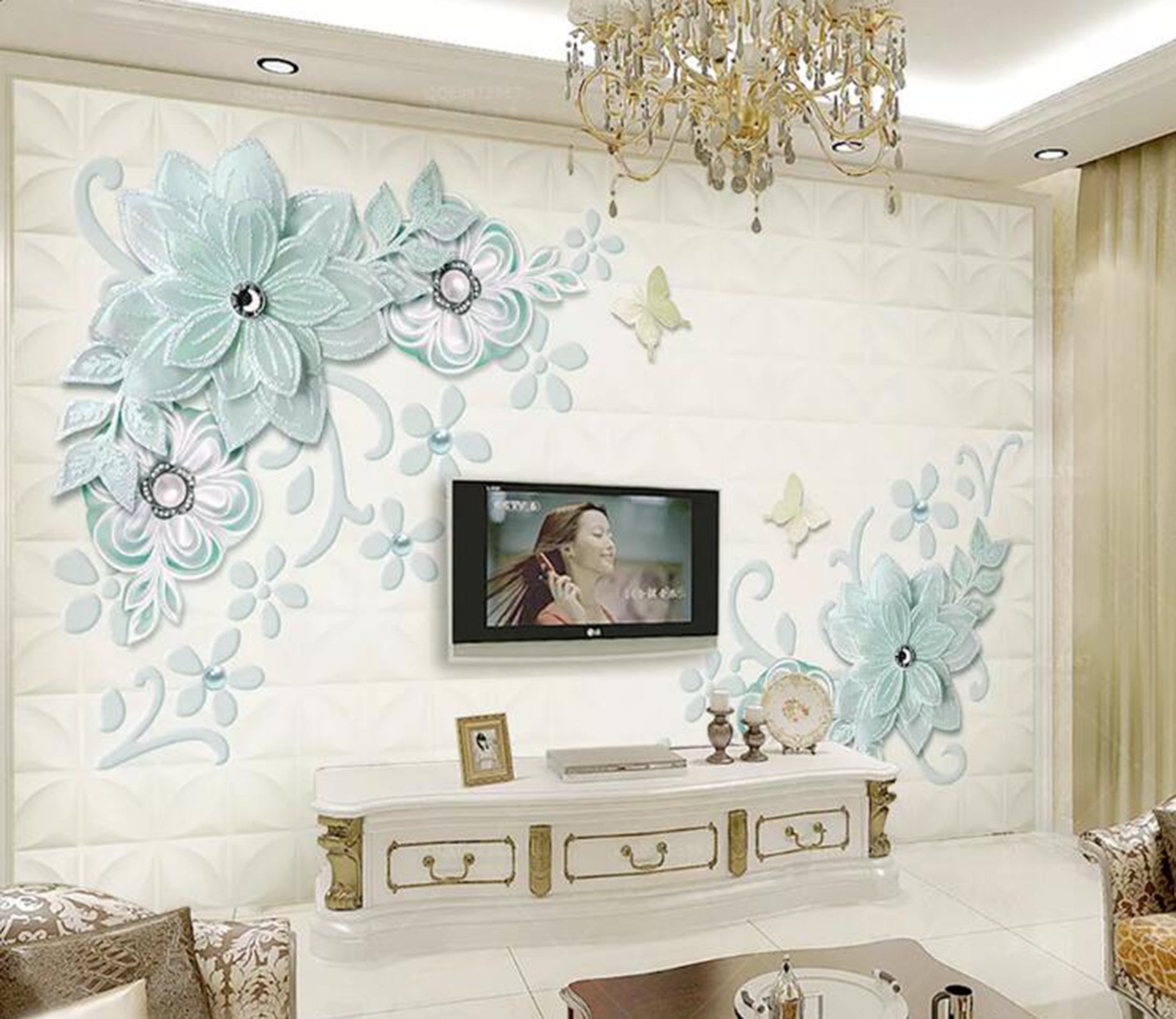 3D Light Blue Flowers WG86 Wall Murals Wallpaper AJ Wallpaper 2 