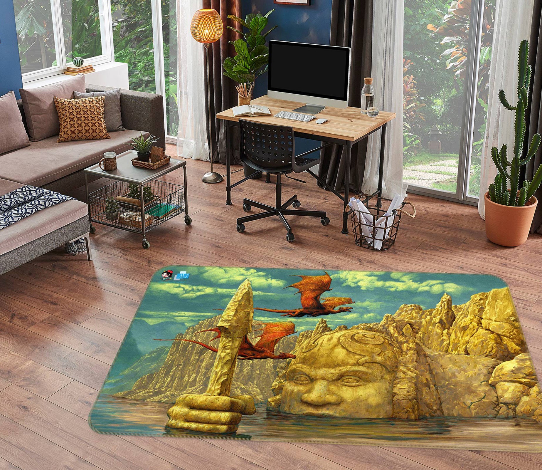 3D Stone Statue Dragon 5155 Ciruelo Rug Non Slip Rug Mat