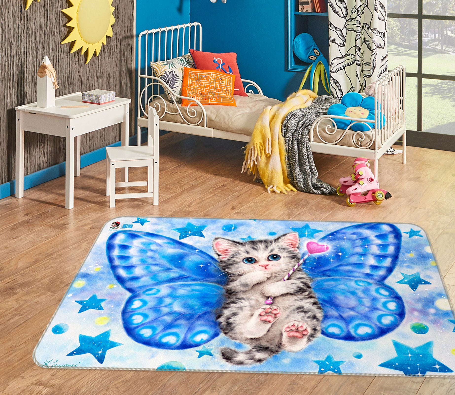 3D Blue Butterfly Cat 5711 Kayomi Harai Rug Non Slip Rug Mat