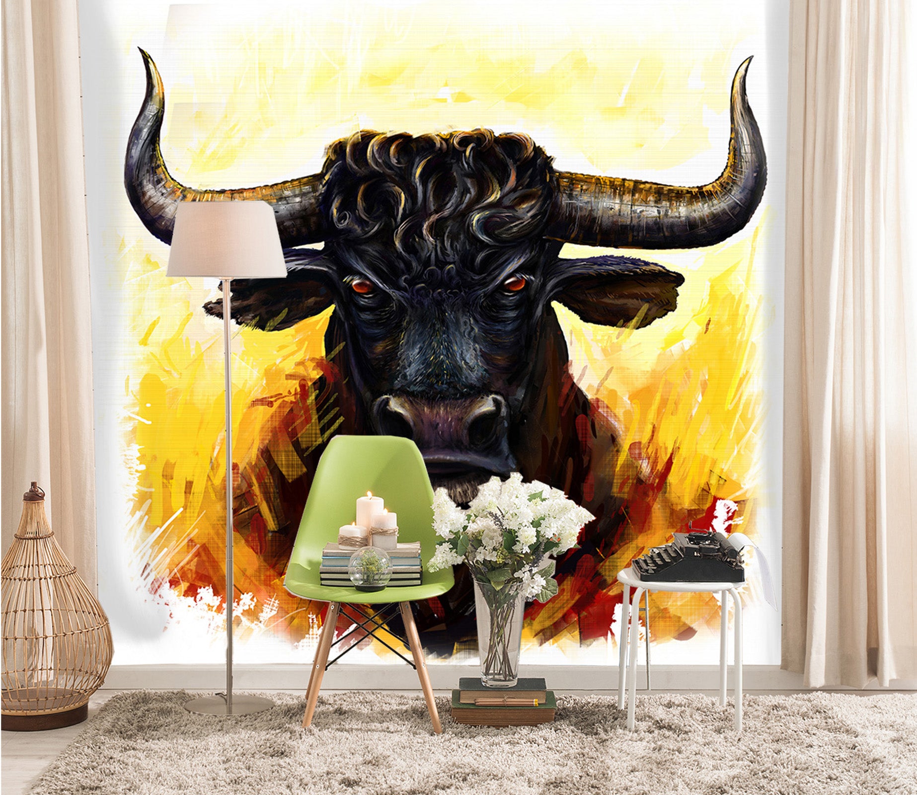 3D Black Bull Head 333 Wall Murals