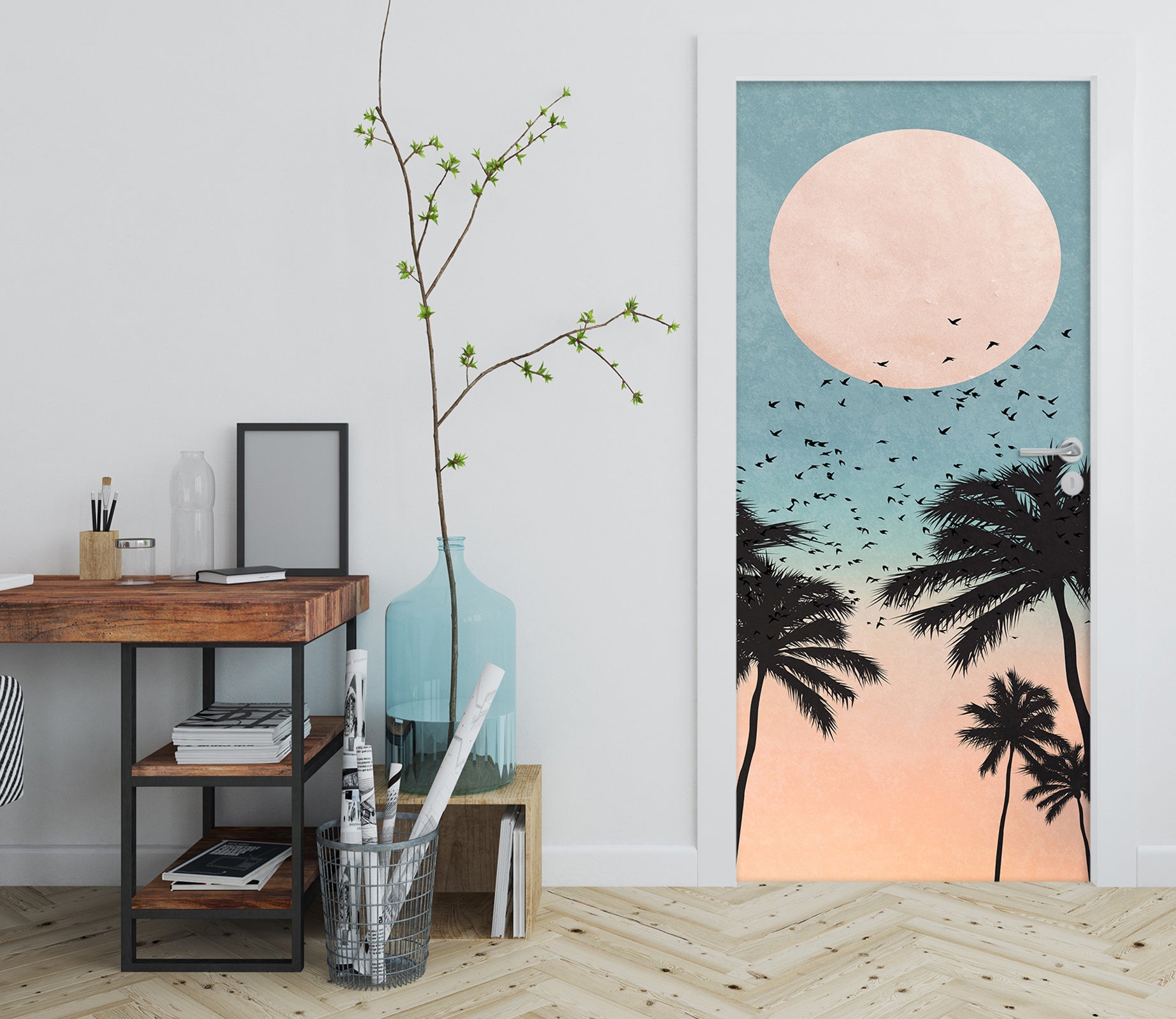 3D Moon Coconut Tree Shadow 10145 Boris Draschoff Door Mural