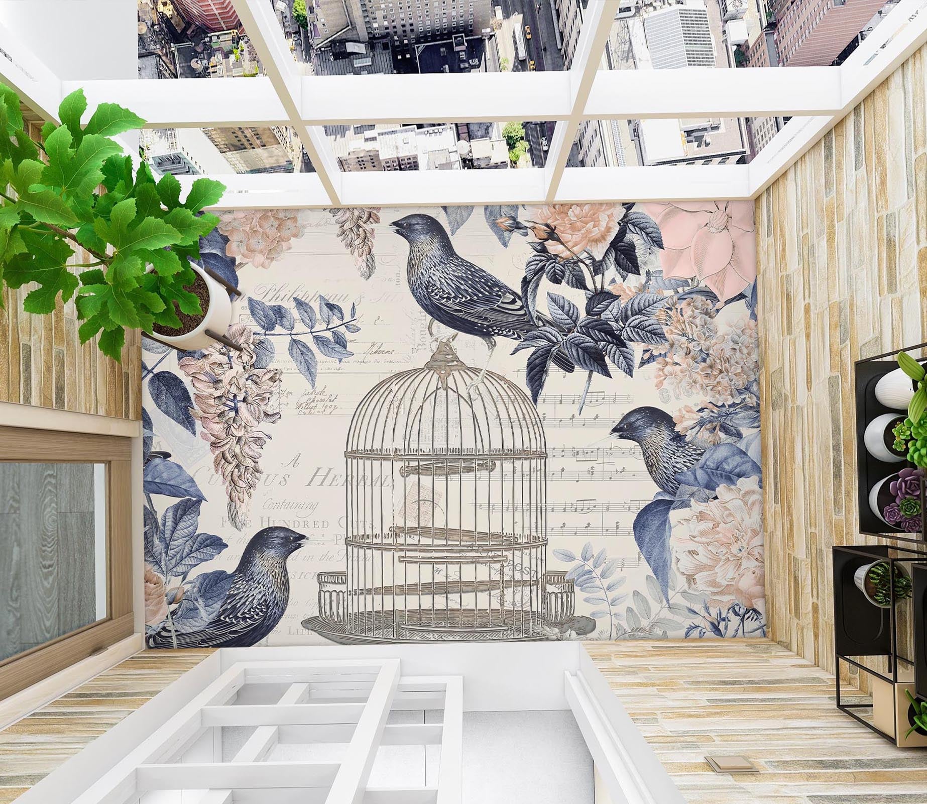 3D Birdcage Flowers 140135 Andrea Haase Floor Mural  Wallpaper Murals Self-Adhesive Removable Print Epoxy