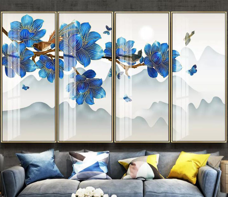 3D Blue Flower Butterfly WC2661 Wall Murals