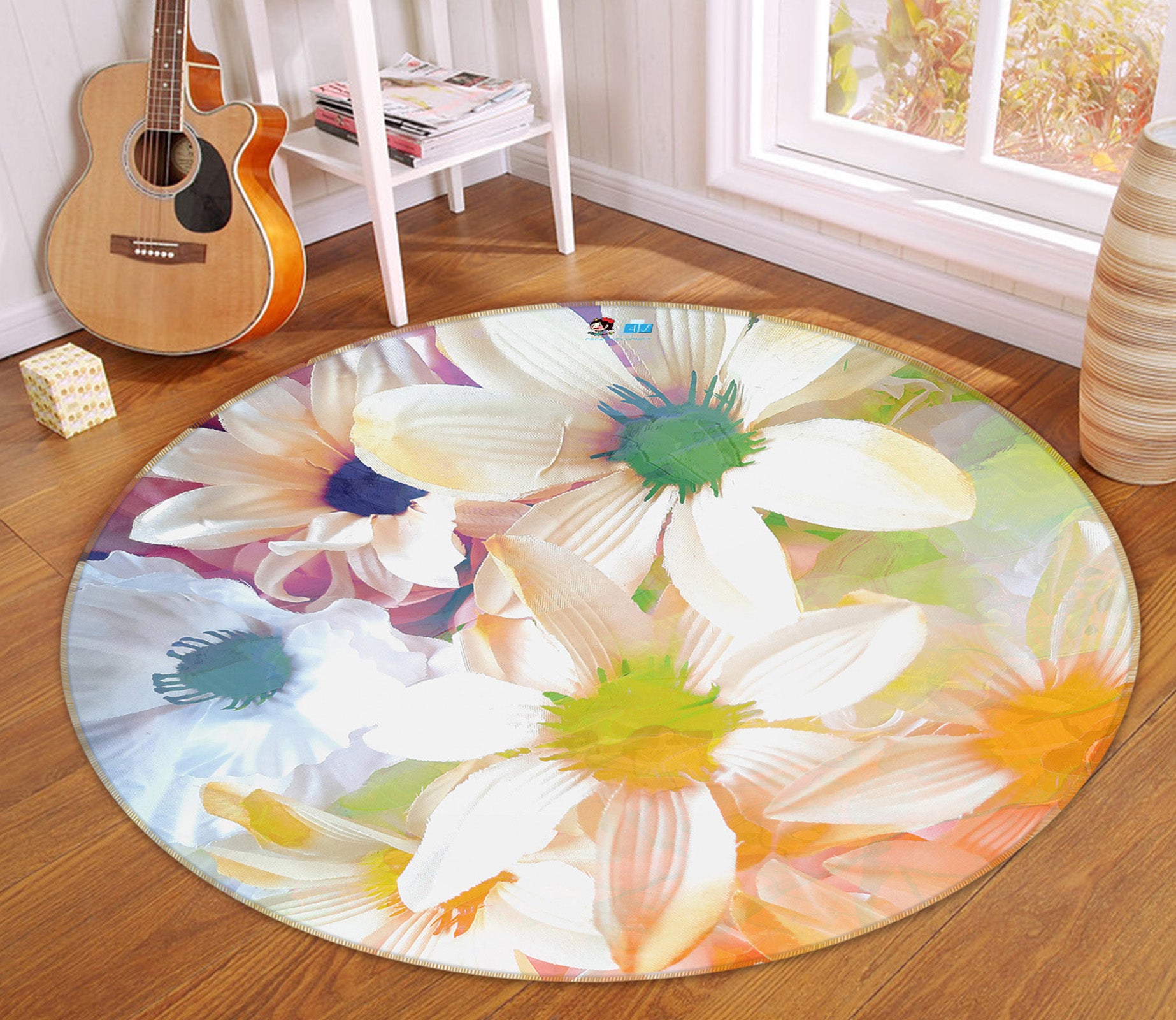 3D Color White Flowers 191111 Shandra Smith Rug Round Non Slip Rug Mat