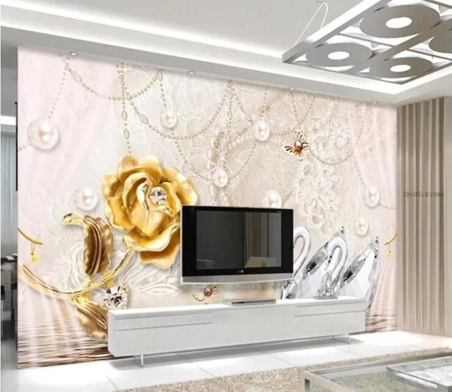 3D Golden Rose Flower WC652 Wall Murals