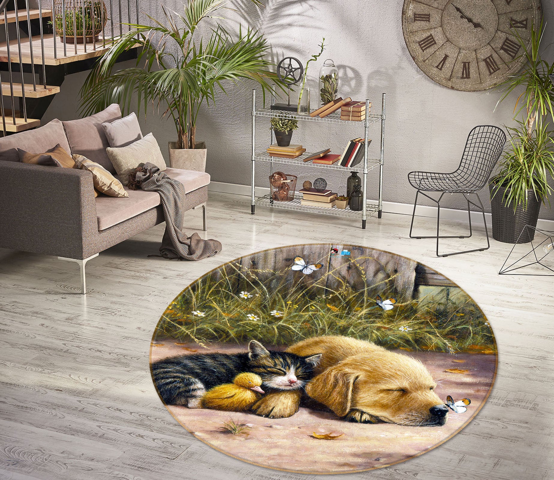 3D Cat Dog Butterfly 033 Kevin Walsh Rug Round Non Slip Rug Mat