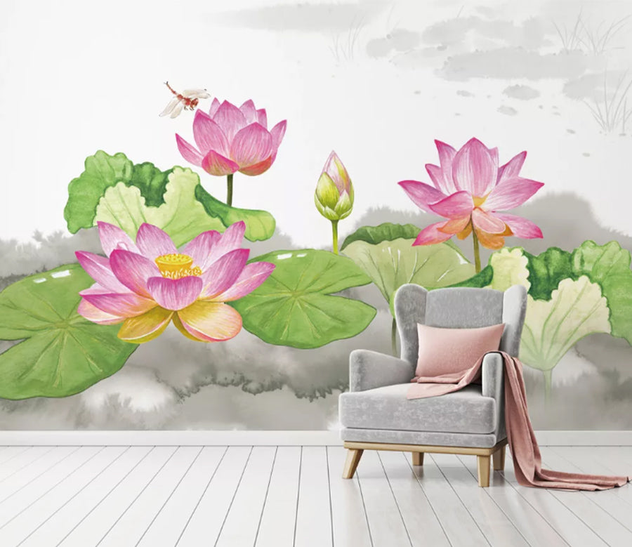 3D Lotus Dragonfly WC1898 Wall Murals