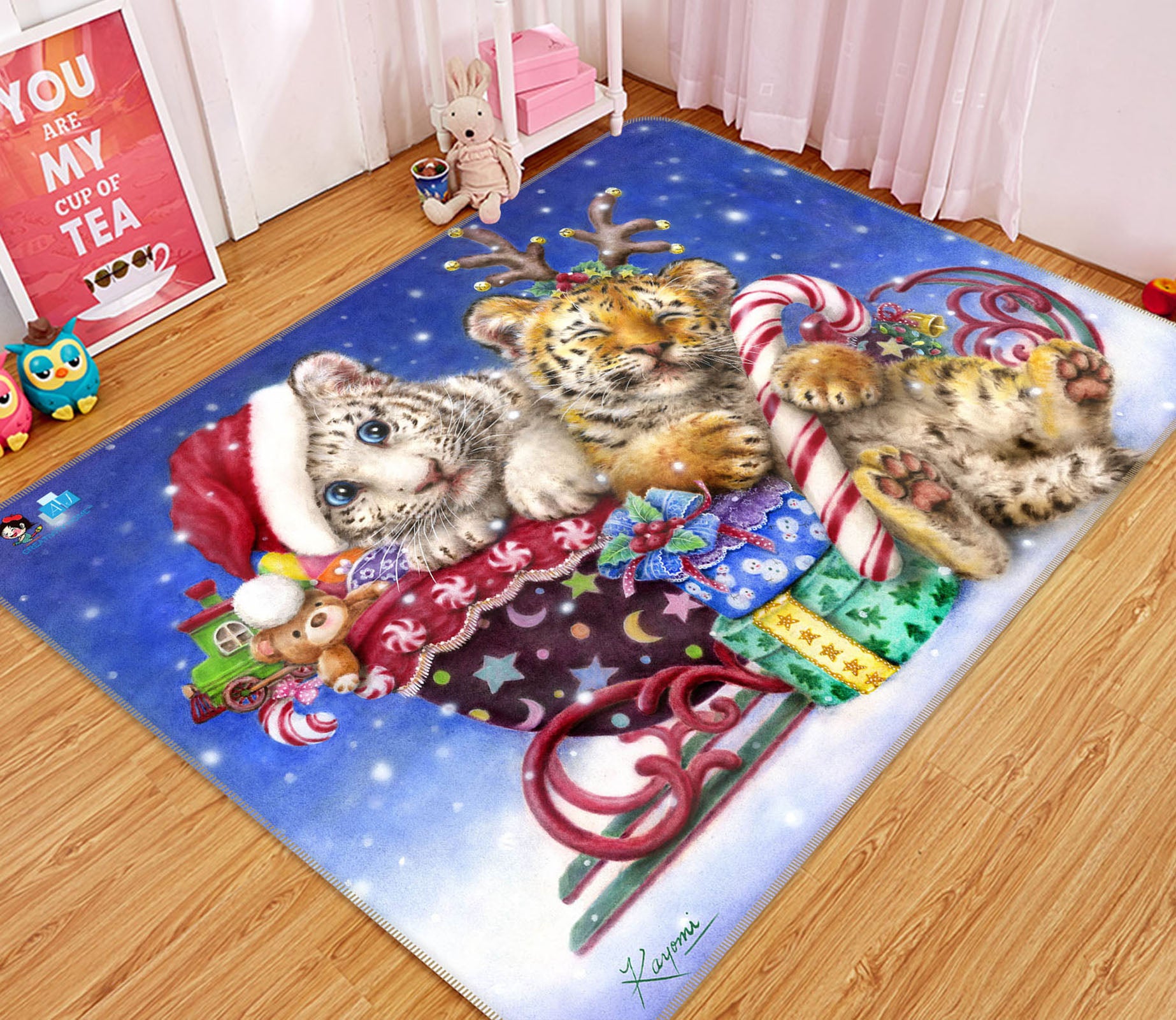 3D Christmas Lion Tiger 5633 Kayomi Harai Rug Non Slip Rug Mat