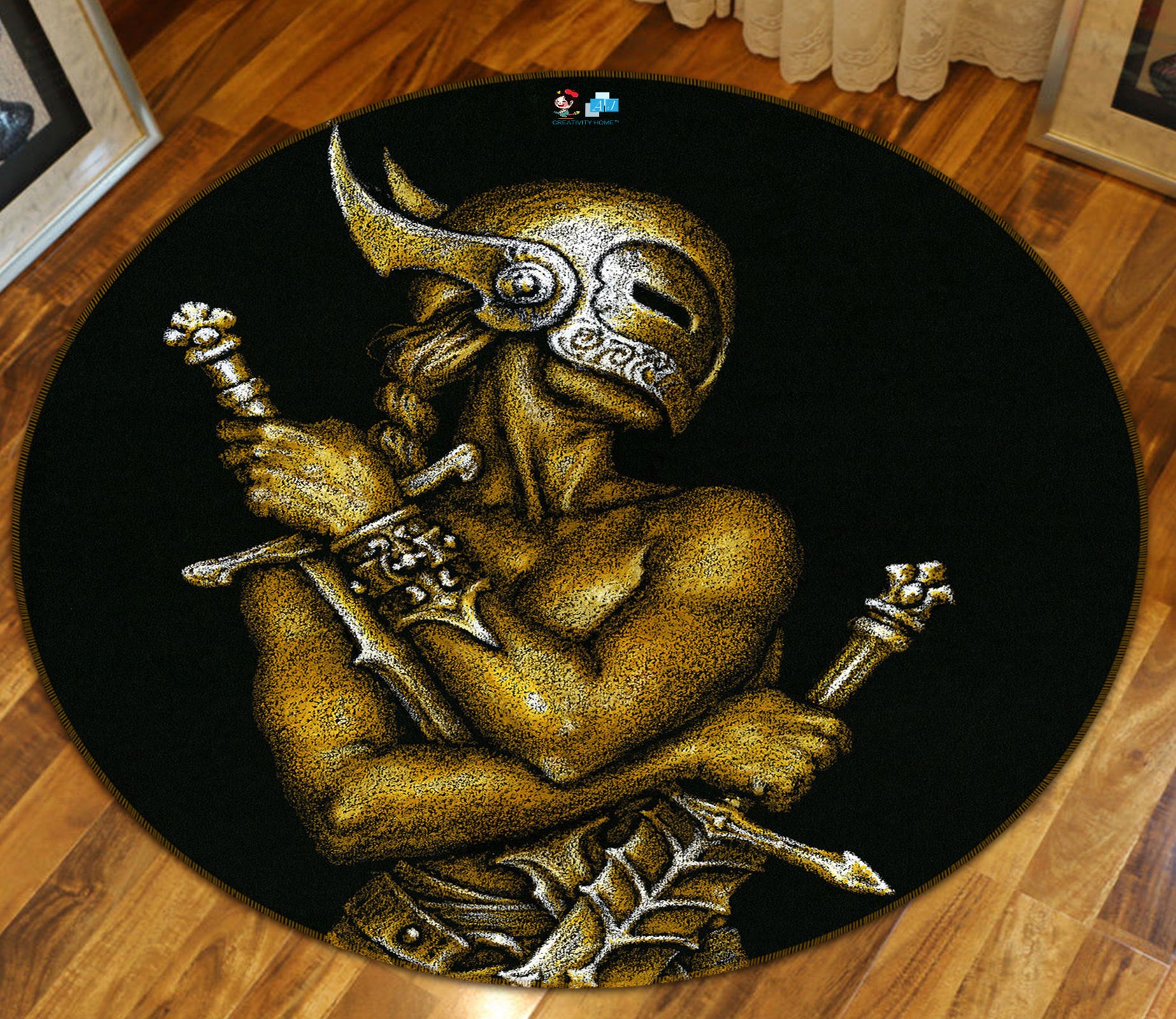 3D Metallic Sword Mask Man 6107 Ciruelo Rug Round Non Slip Rug Mat