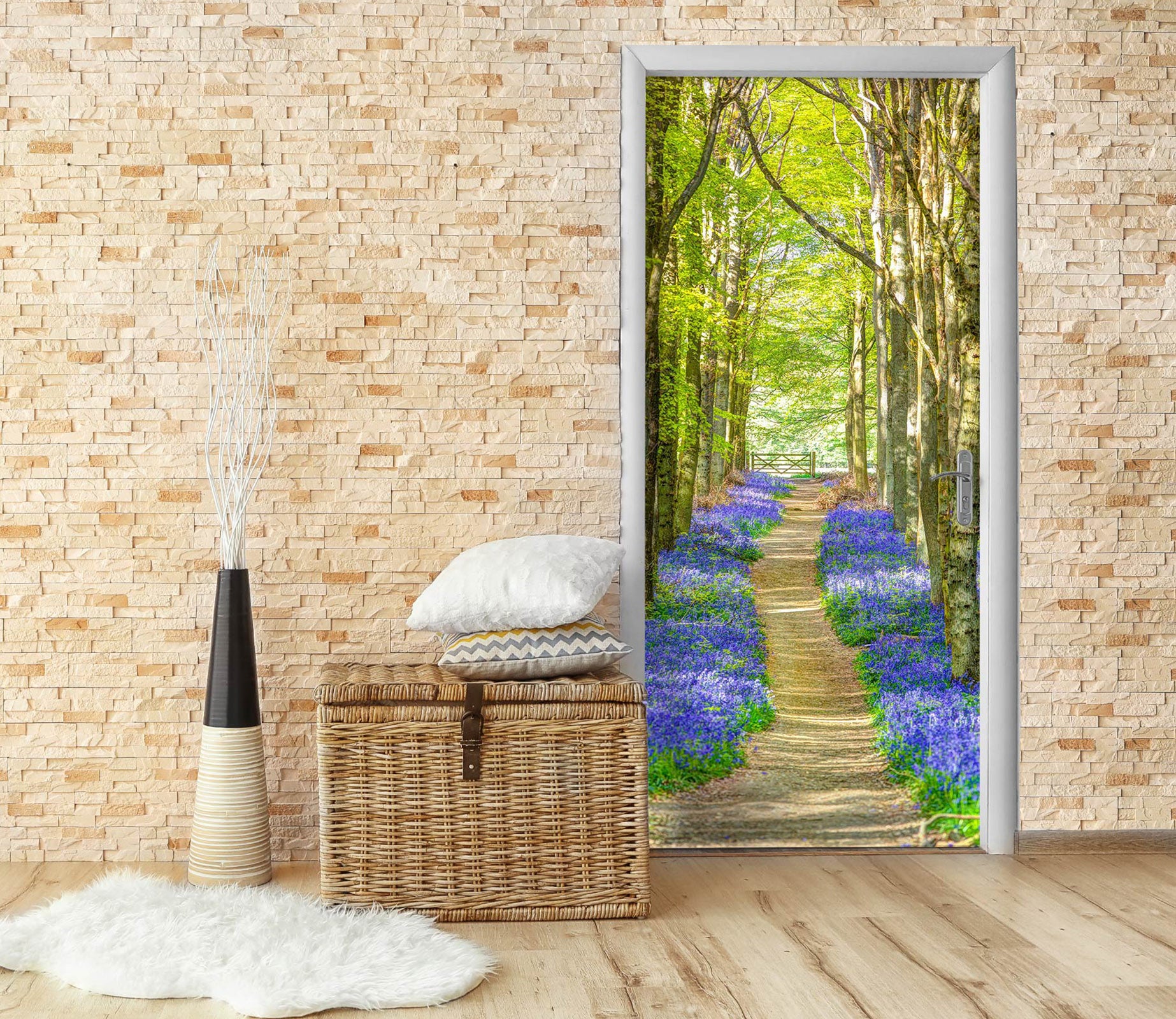 3D Woods Path Blue Flowers 10634 Assaf Frank Door Mural