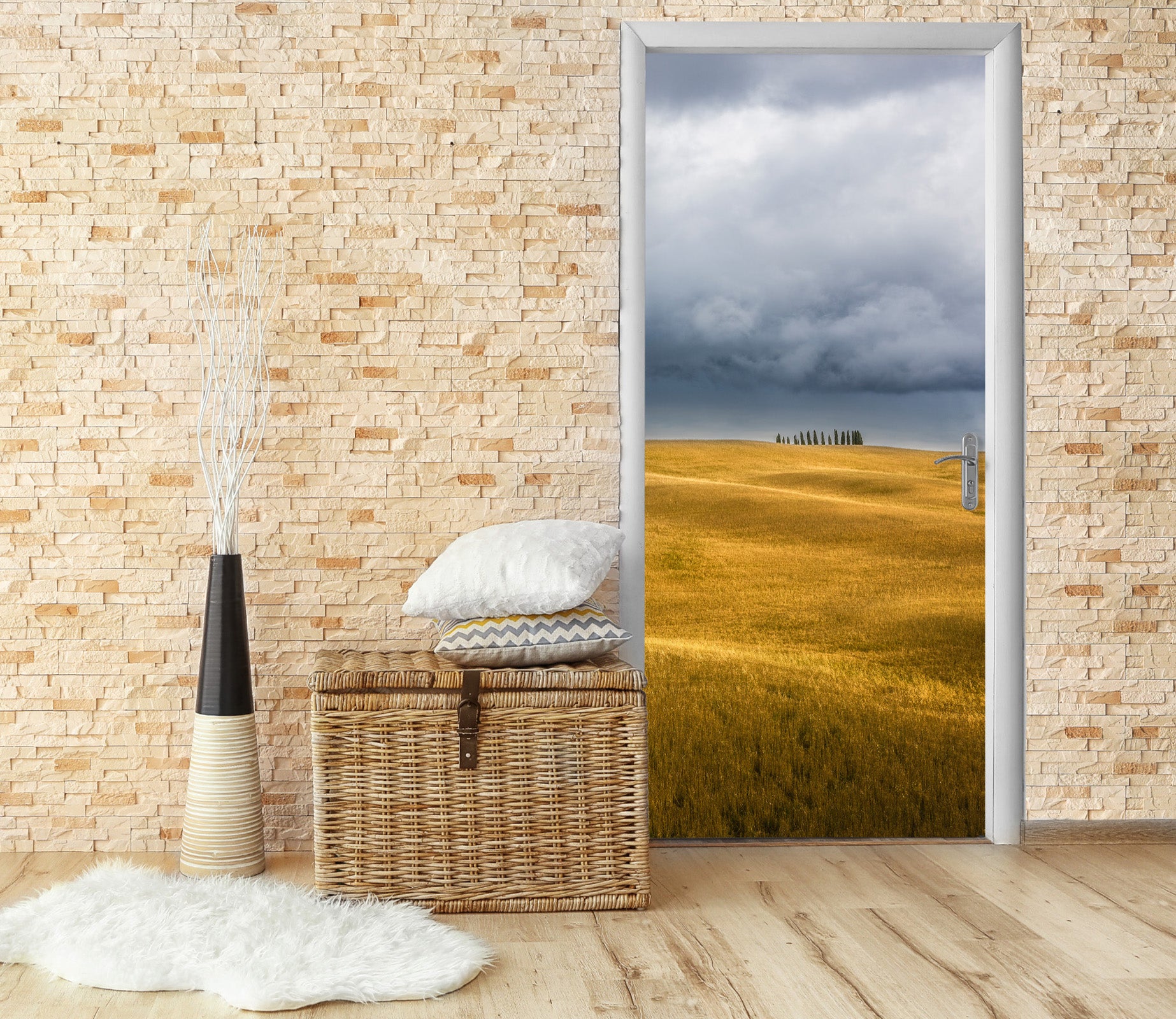 3D Golden Grass Clouds 11584 Marco Carmassi Door Mural