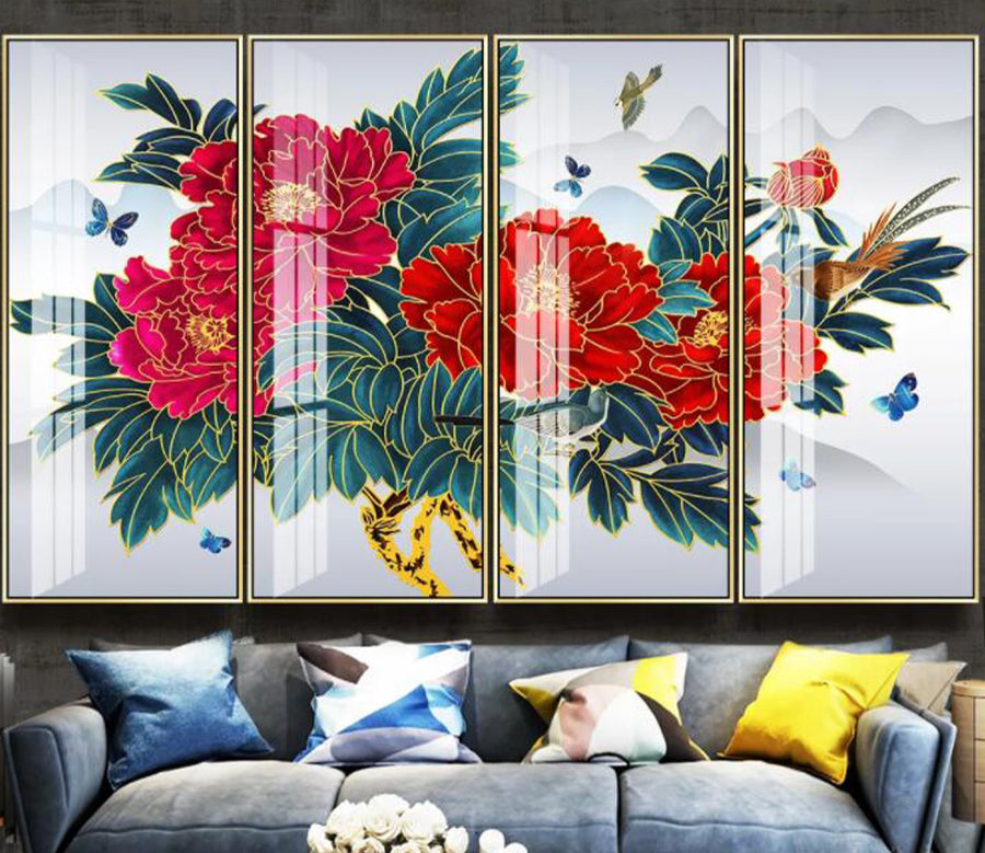 3D Red Peony Bird WC2495 Wall Murals