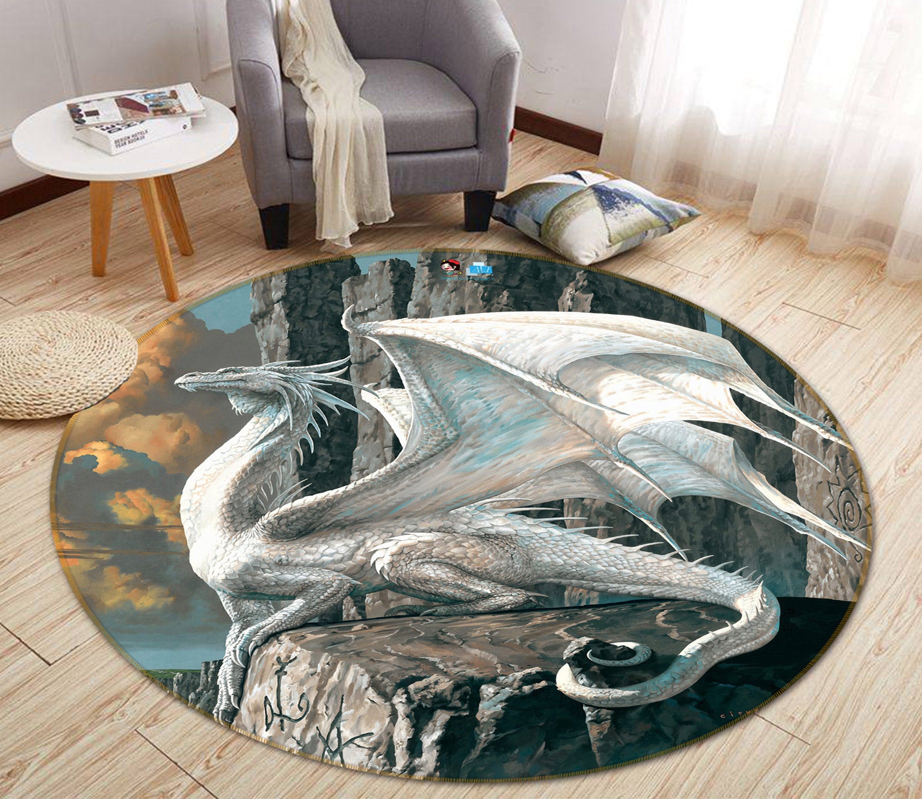 3D Rock White Dragon 6099 Ciruelo Rug Round Non Slip Rug Mat