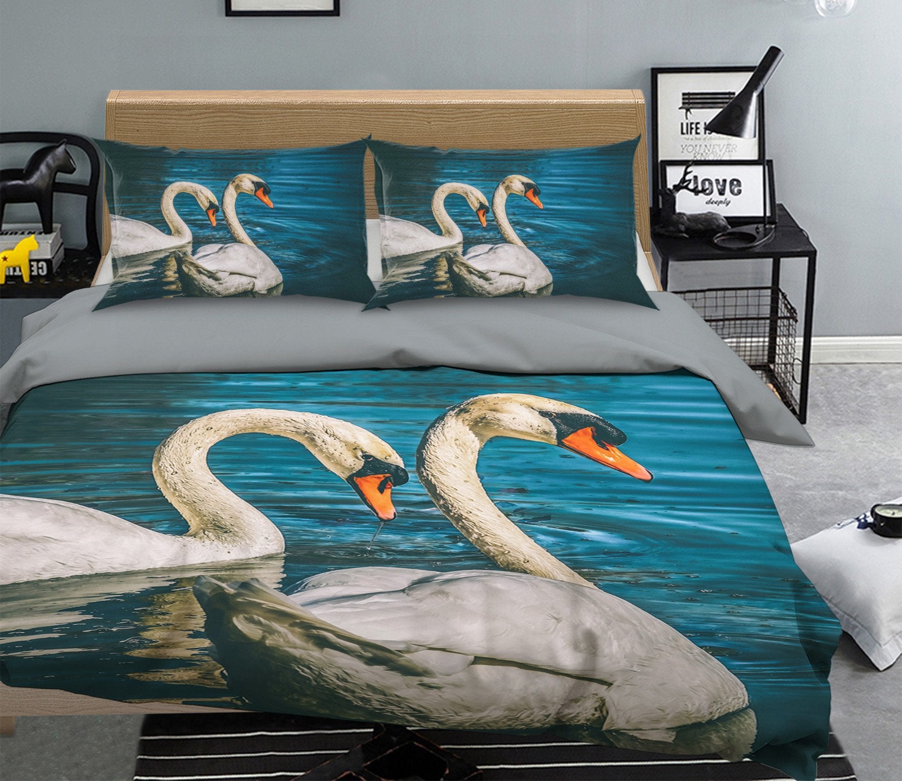 3D Goose Swimming 1998 Bed Pillowcases Quilt Quiet Covers AJ Creativity Home 