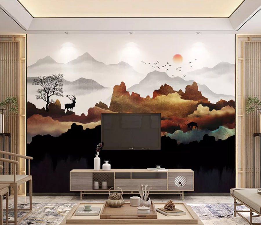 3D Sun Mountain Deer WC1940 Wall Murals