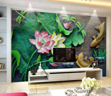 3D Lotus Leaf Goldfish WC1036 Wall Murals