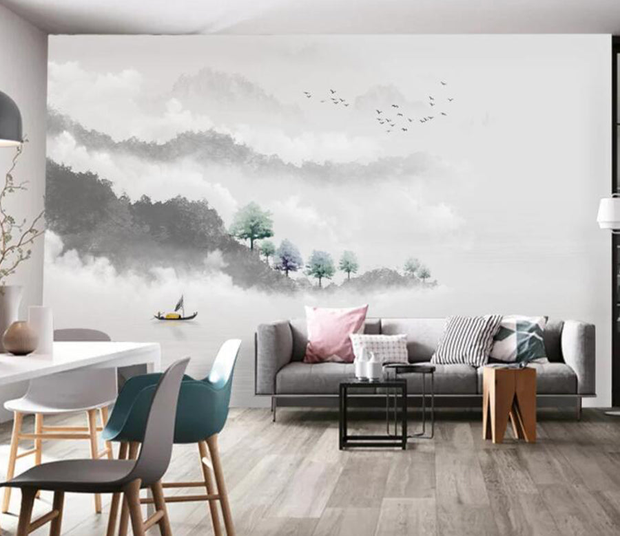 3D Lake Forest Boat WC2487 Wall Murals