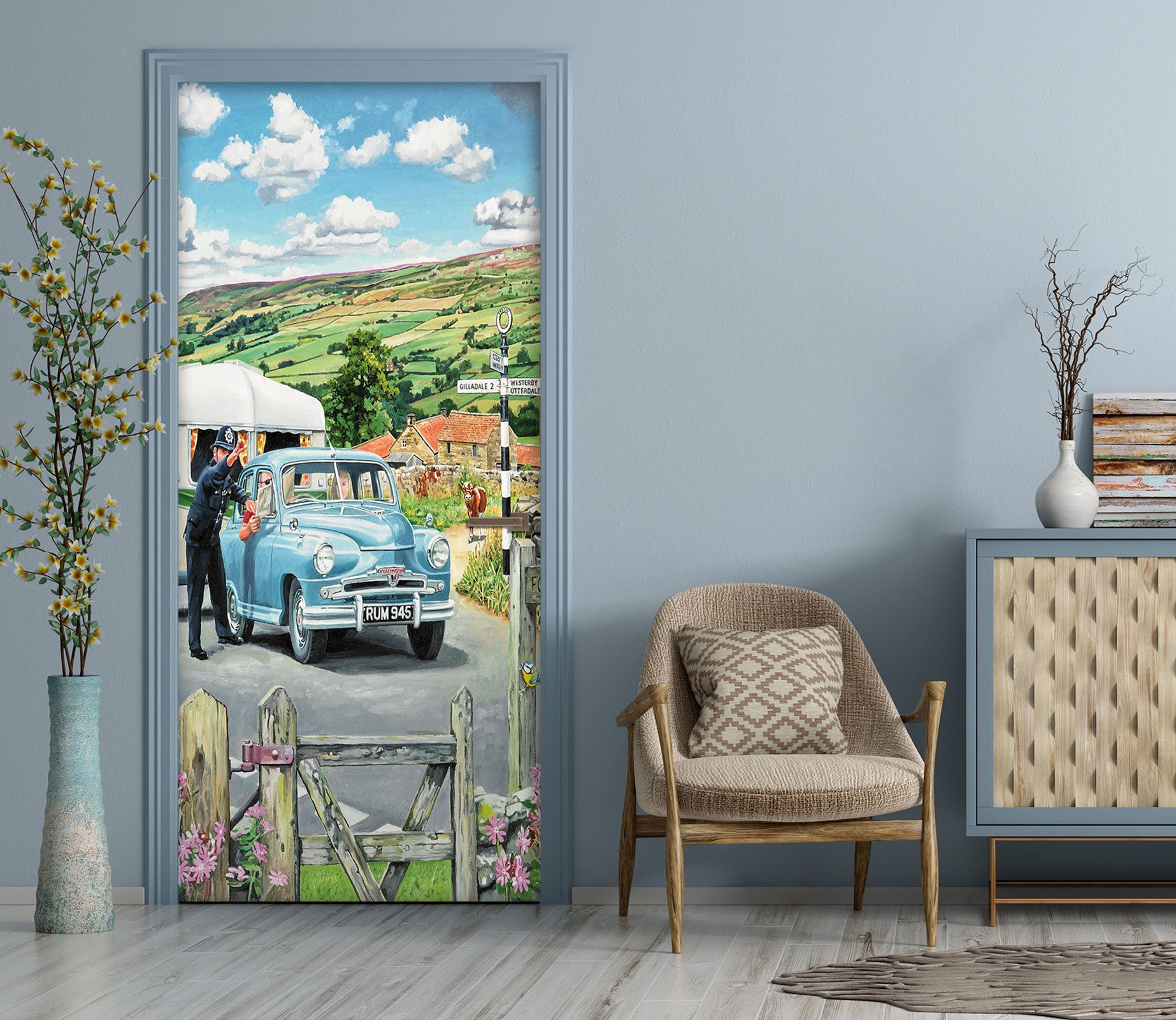 3D Blue Car Hillside Meadow 10347 Trevor Mitchell Door Mural