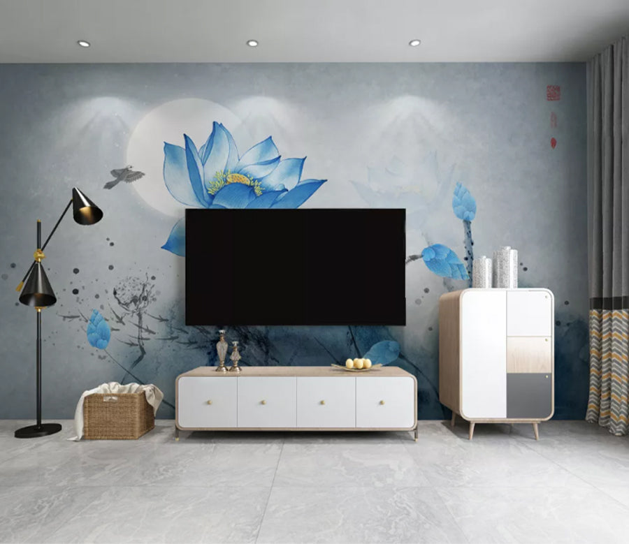 3D Blue Lotus Moon WC2608 Wall Murals