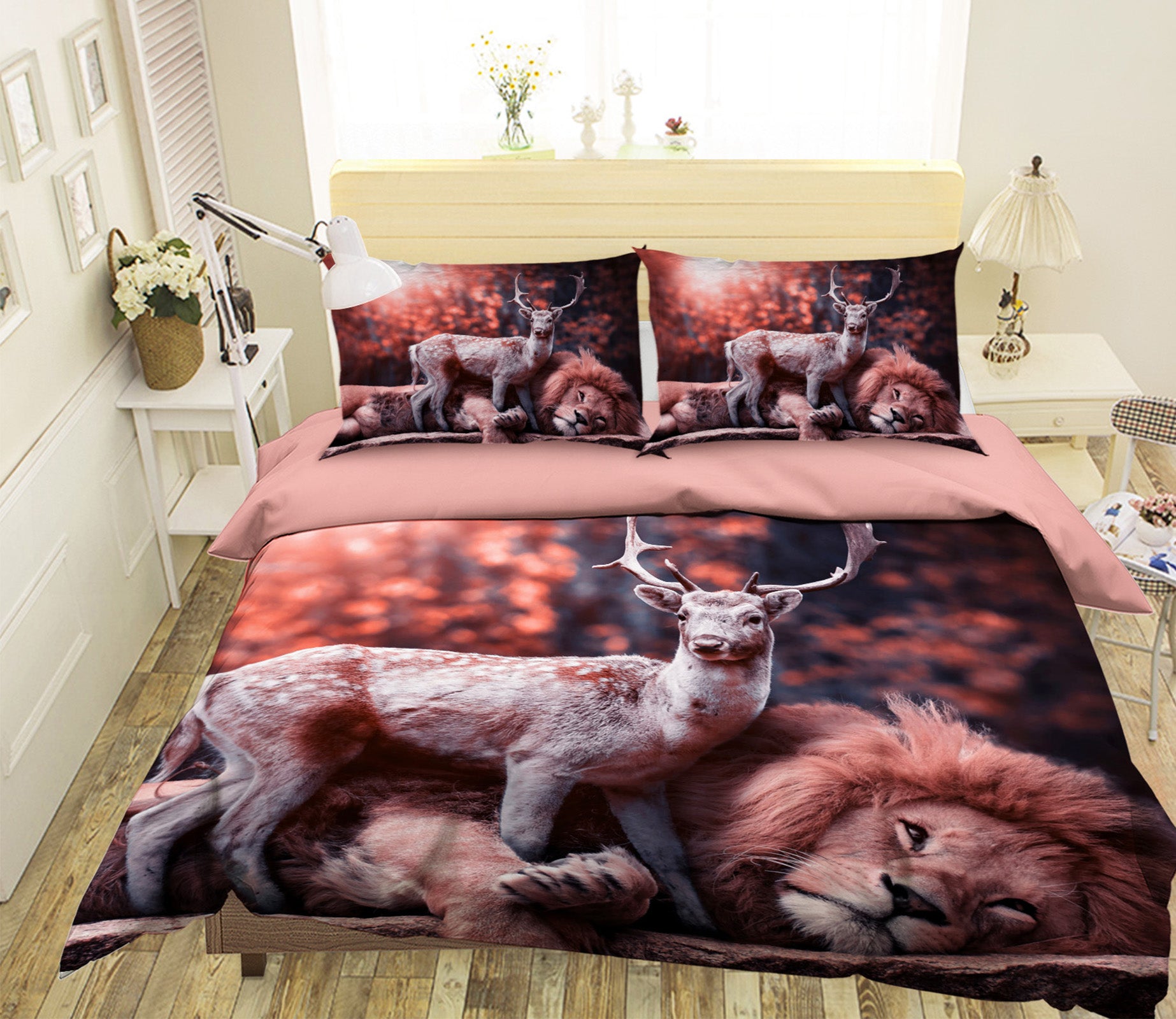 3D Red Lion Deer 084 Bed Pillowcases Quilt