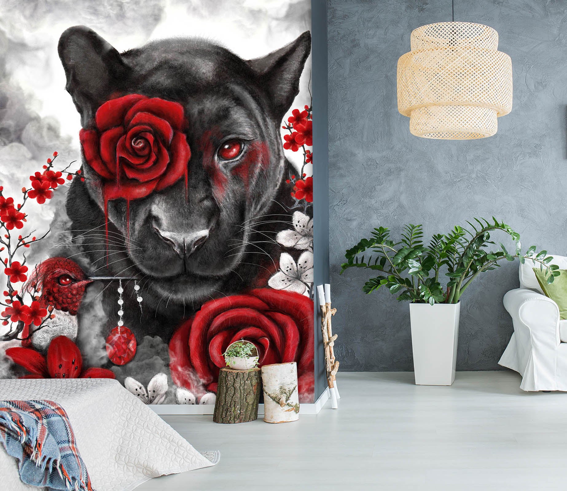 3D Red Rose Panther 8463 Sheena Pike Wall Mural Wall Murals