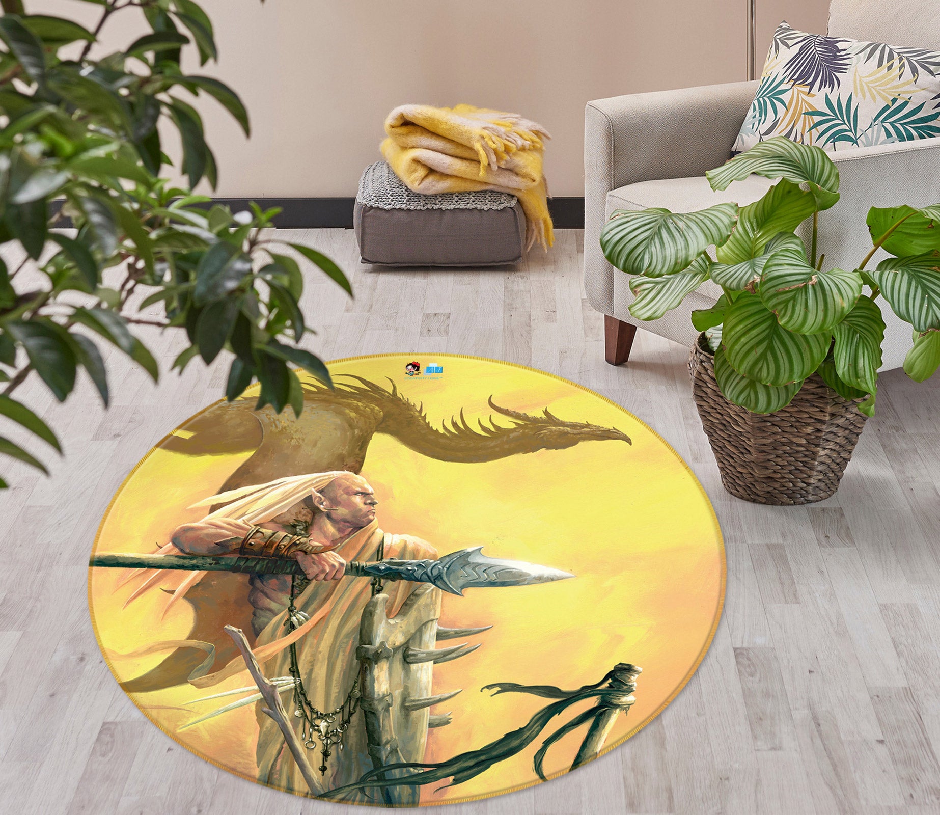 3D Long Hair Sword Man Dragon 6102 Ciruelo Rug Round Non Slip Rug Mat