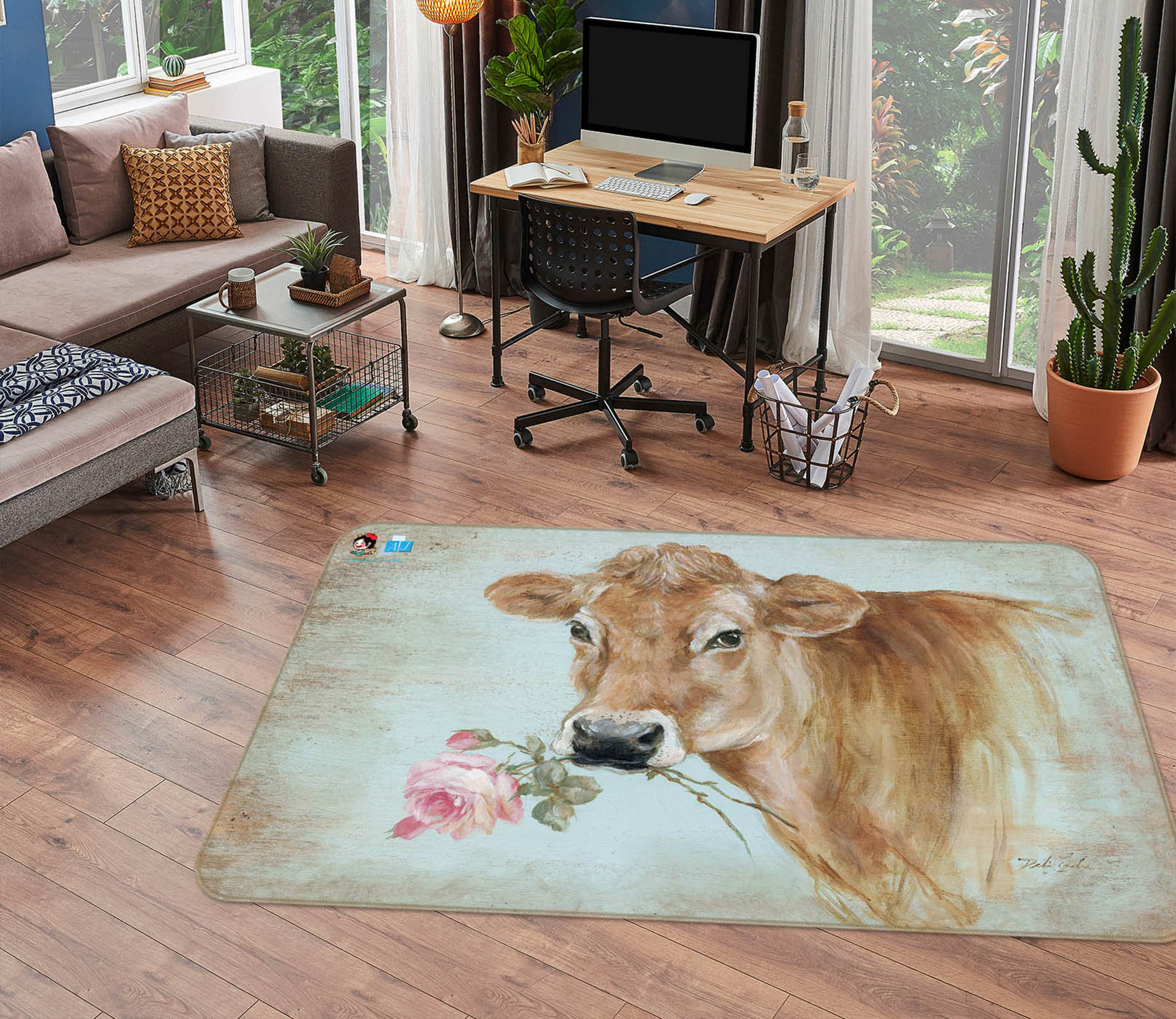 3D Cow With Flowers 1007 Debi Coules Rug Non Slip Rug Mat