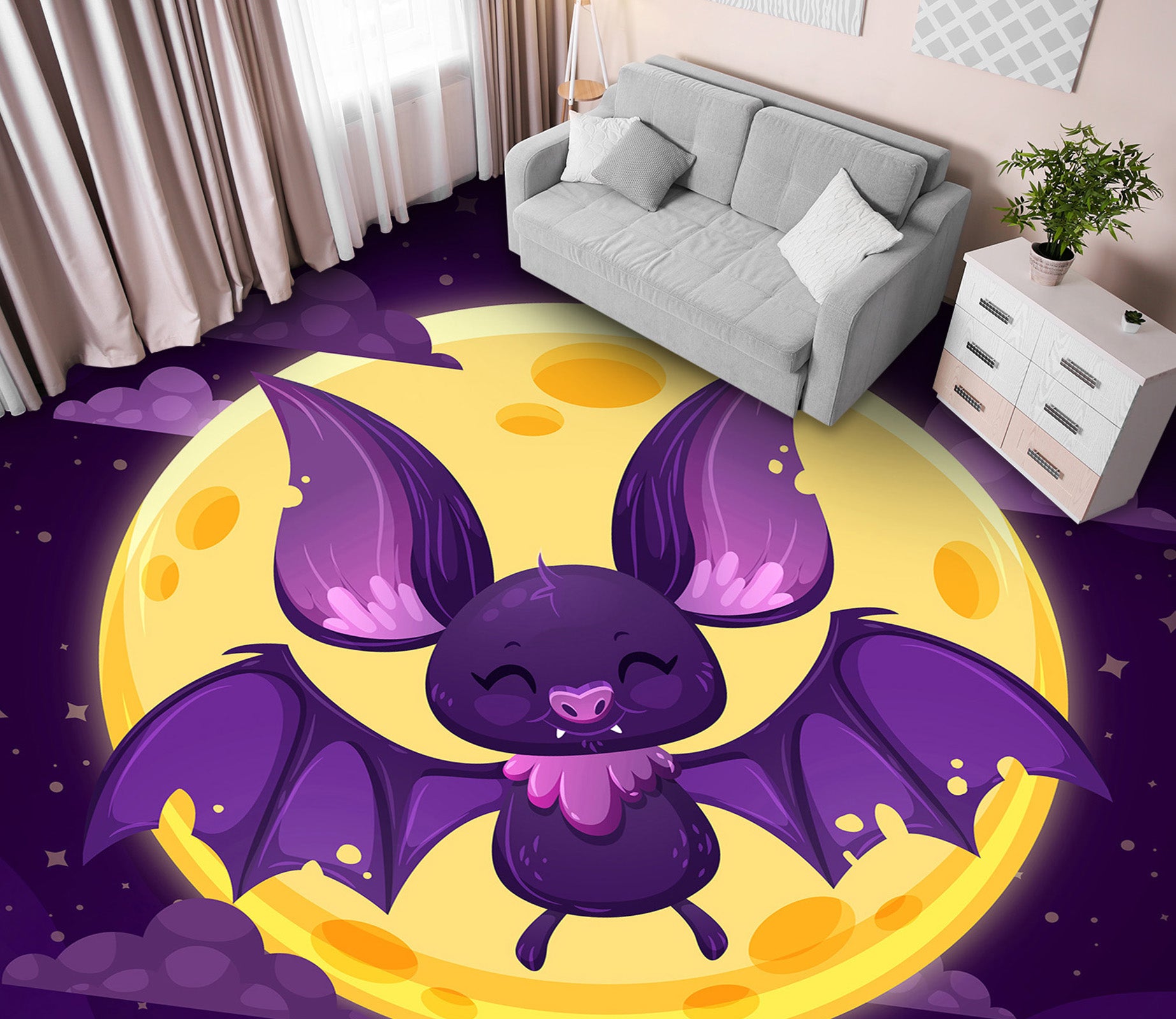 3D Moon Bat 001 Floor Mural  Self-Adhesive Sticker Bathroom Non-slip Waterproof Flooring Murals