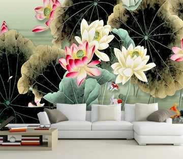 3D Lotus Goldfish WC107 Wall Murals