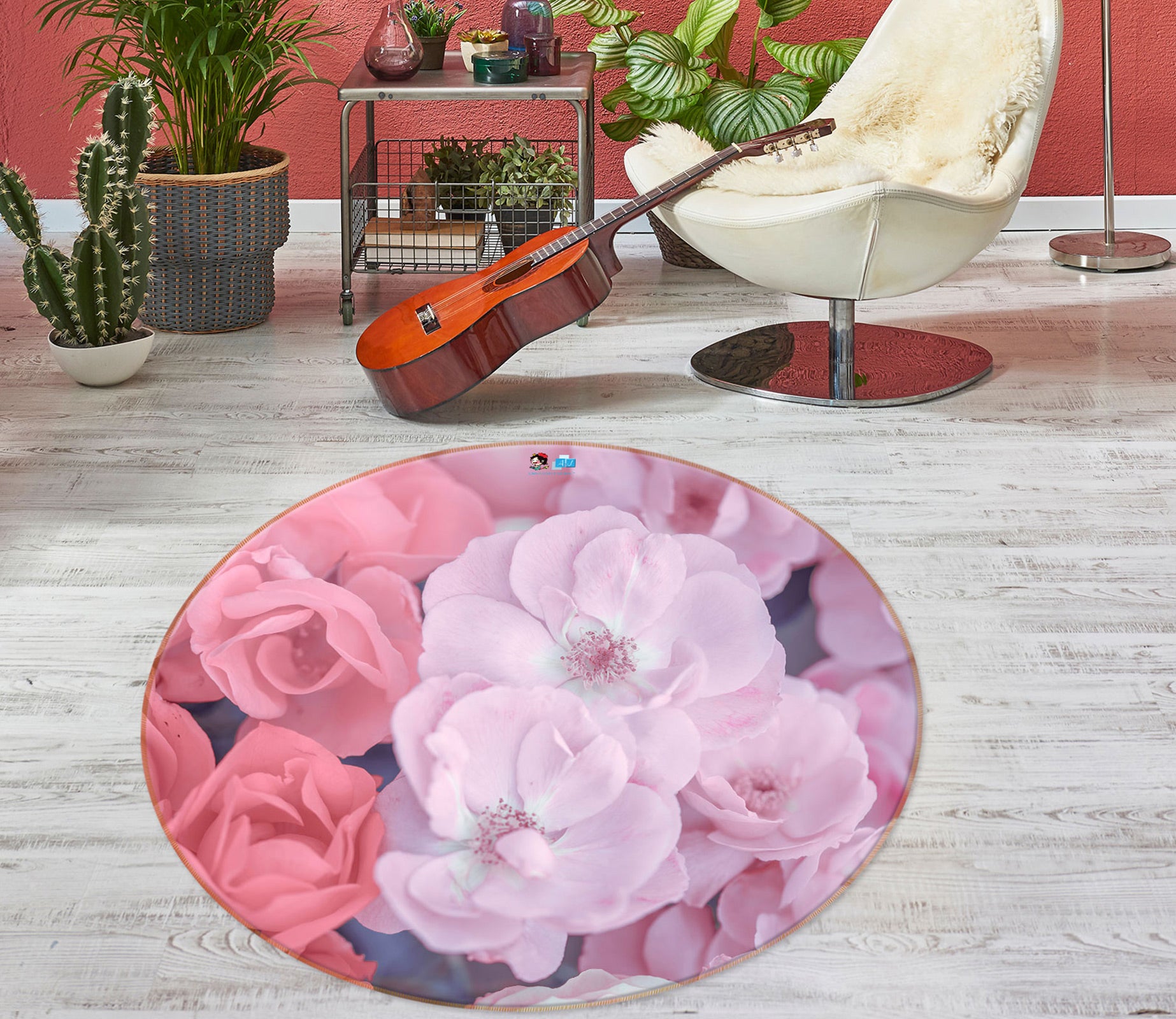 3D Gentle Pink Flower 7516 Assaf Frank Rug Round Non Slip Rug Mat