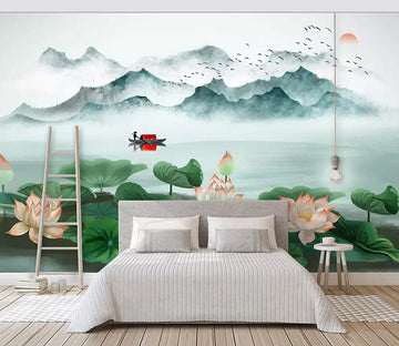 3D Lotus Boat Valley WC774 Wall Murals