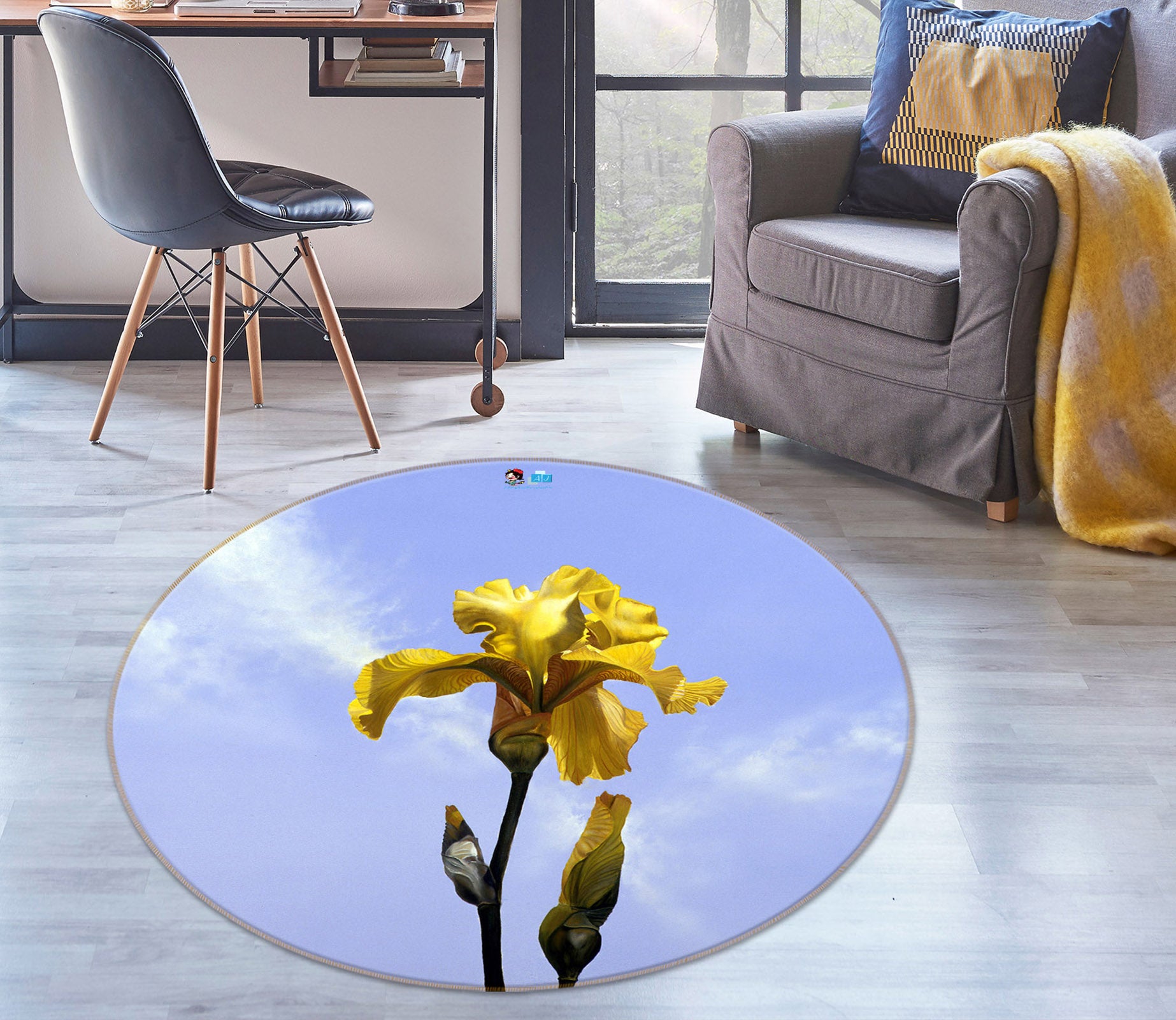 3D Yellow Flower 110105 Matthew Holden Bates Rug Round Non Slip Rug Mat