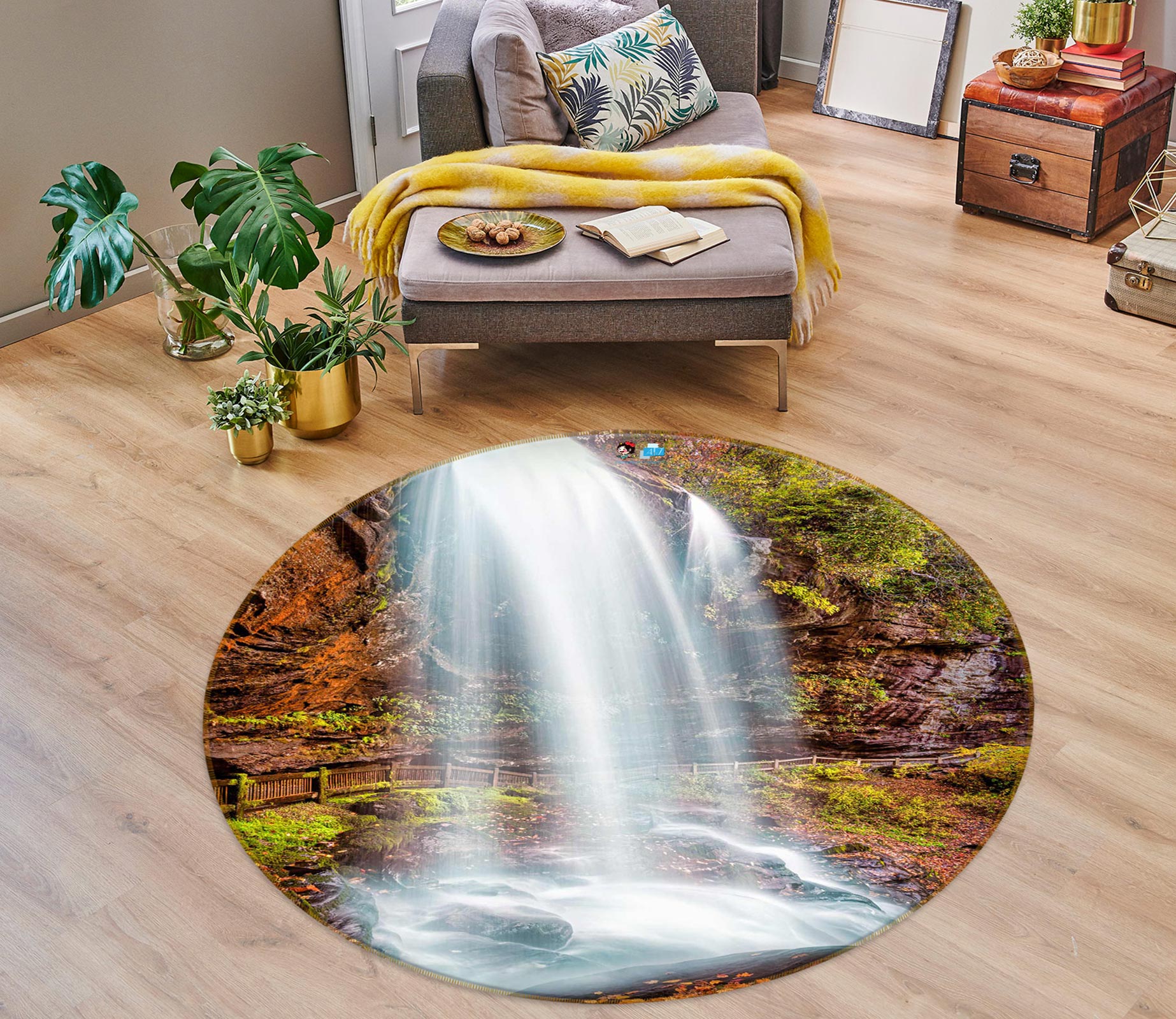 3D Waterfall Rock 5056 Beth Sheridan Rug Round Non Slip Rug Mat