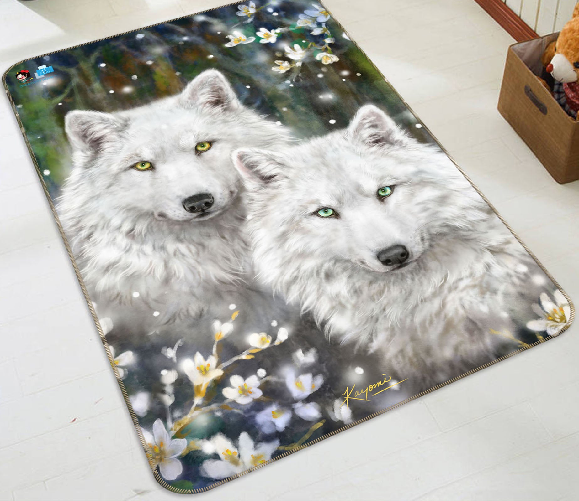 3D White Wolf Flower 5702 Kayomi Harai Rug Non Slip Rug Mat