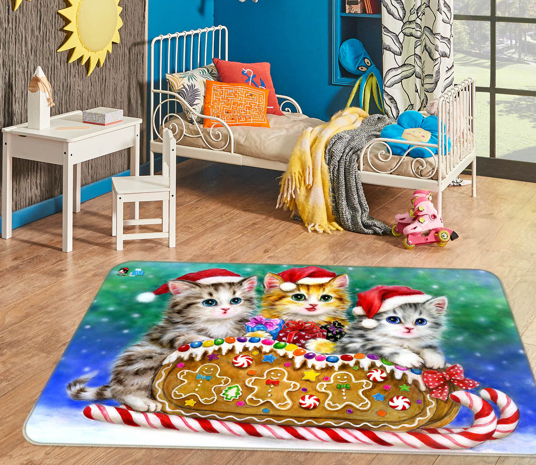 3D Christmas Hat Cat 5617 Kayomi Harai Rug Non Slip Rug Mat