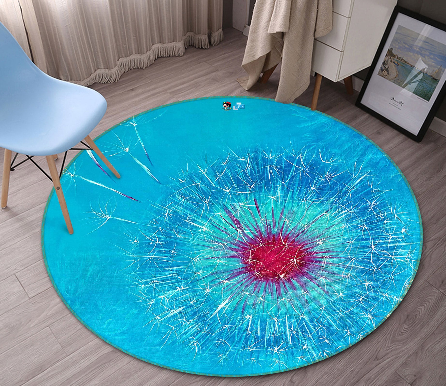 3D Blue Dandelion 789 Skromova Marina Rug Round Non Slip Rug Mat